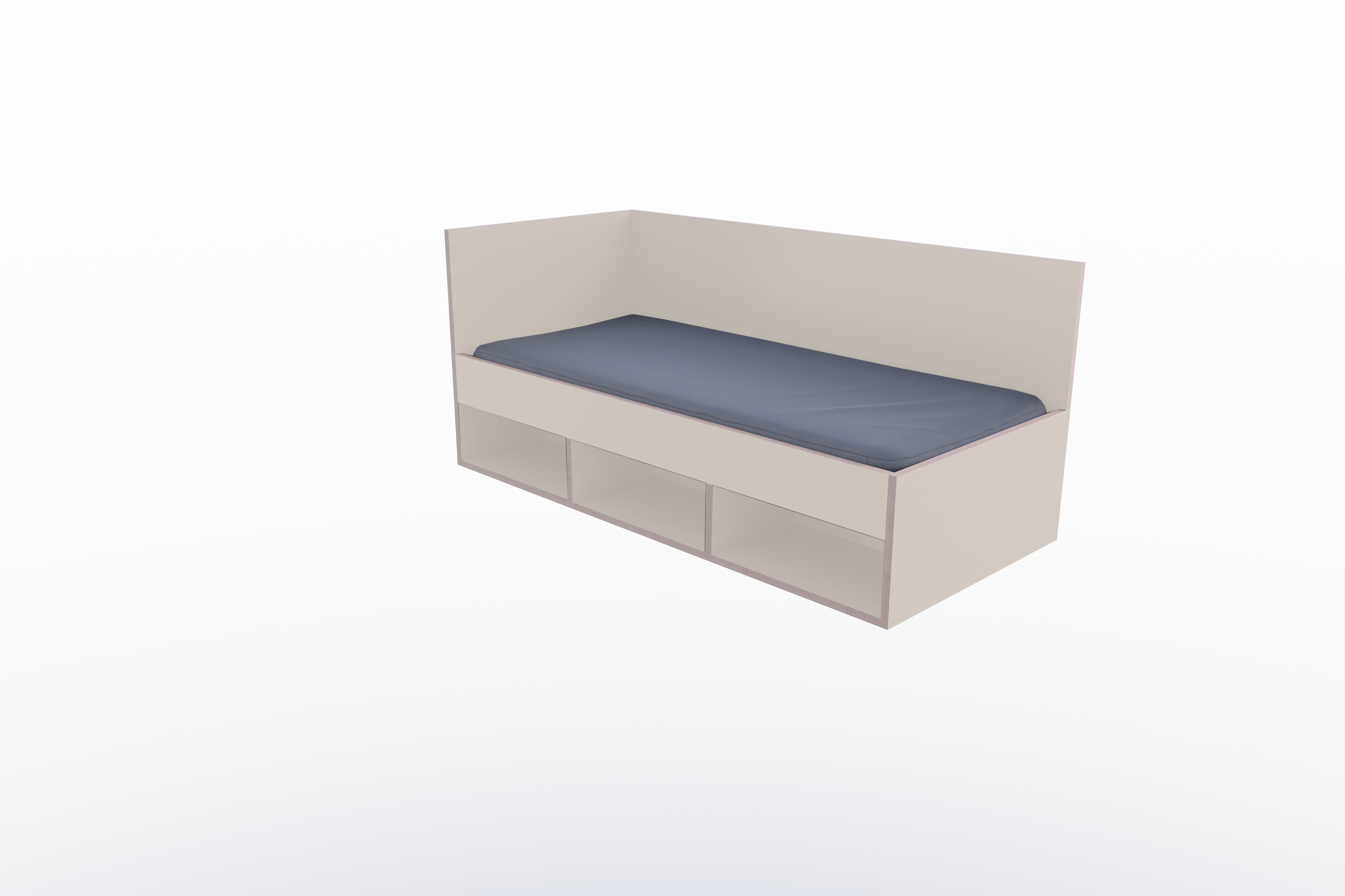 Corner Bett mit offenem Regal 90 x 200 links in Kaschmirgrau/Multiplexkante präsentiert im Onlineshop von KAQTU Design AG. Bett ist von Müller Möbelwerkstätten