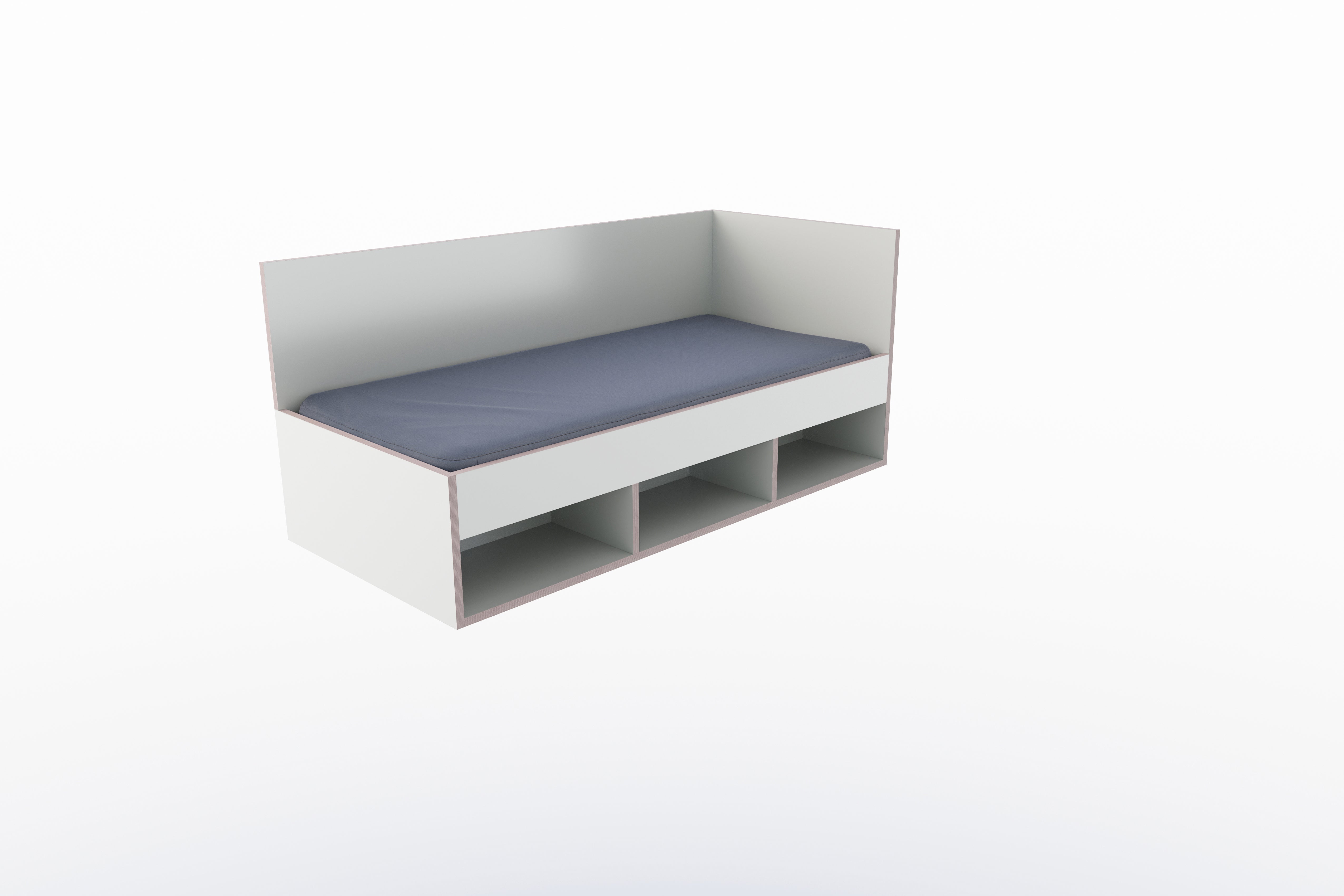 Corner Bett mit offenem Regal 90 x 200 rechts in Weiss/Multiplexkante präsentiert im Onlineshop von KAQTU Design AG. Bett ist von Müller Möbelwerkstätten