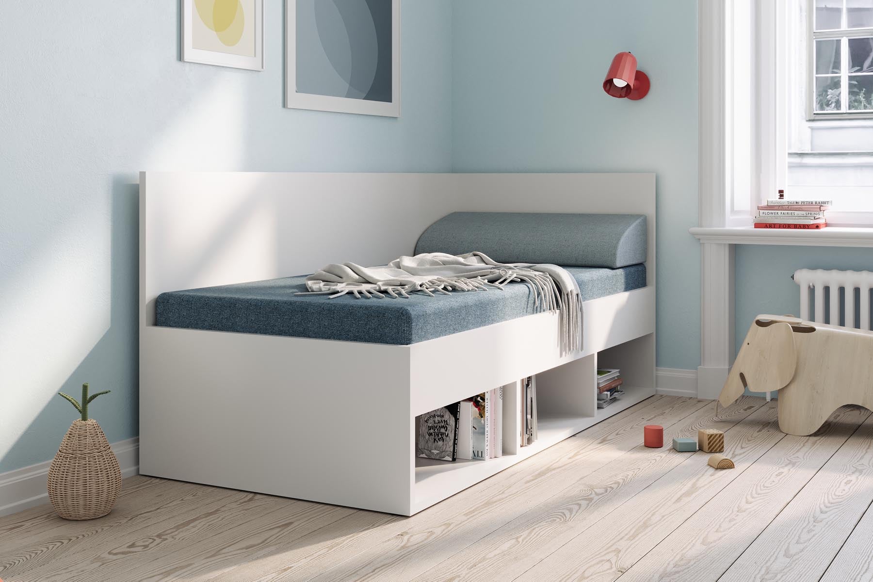 Corner Bett mit offenem Regal 90 x 200 rechts in Weiss präsentiert im Onlineshop von KAQTU Design AG. Bett ist von Müller Möbelwerkstätten