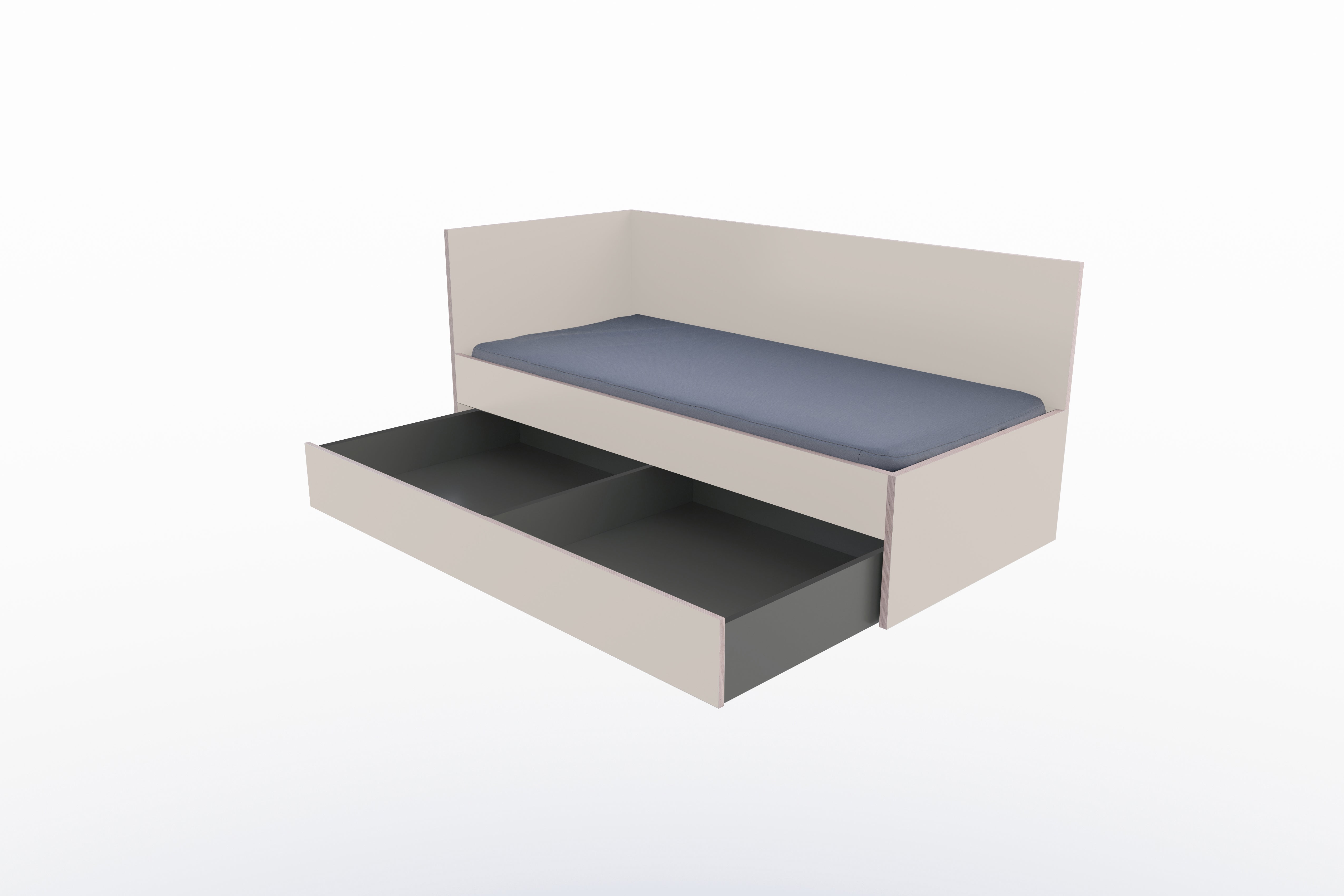 Corner Bett mit Auszug auf Rollen 90 x 200 links in Kaschmirgrau/Multiplexkante präsentiert im Onlineshop von KAQTU Design AG. Bett ist von Müller Möbelwerkstätten