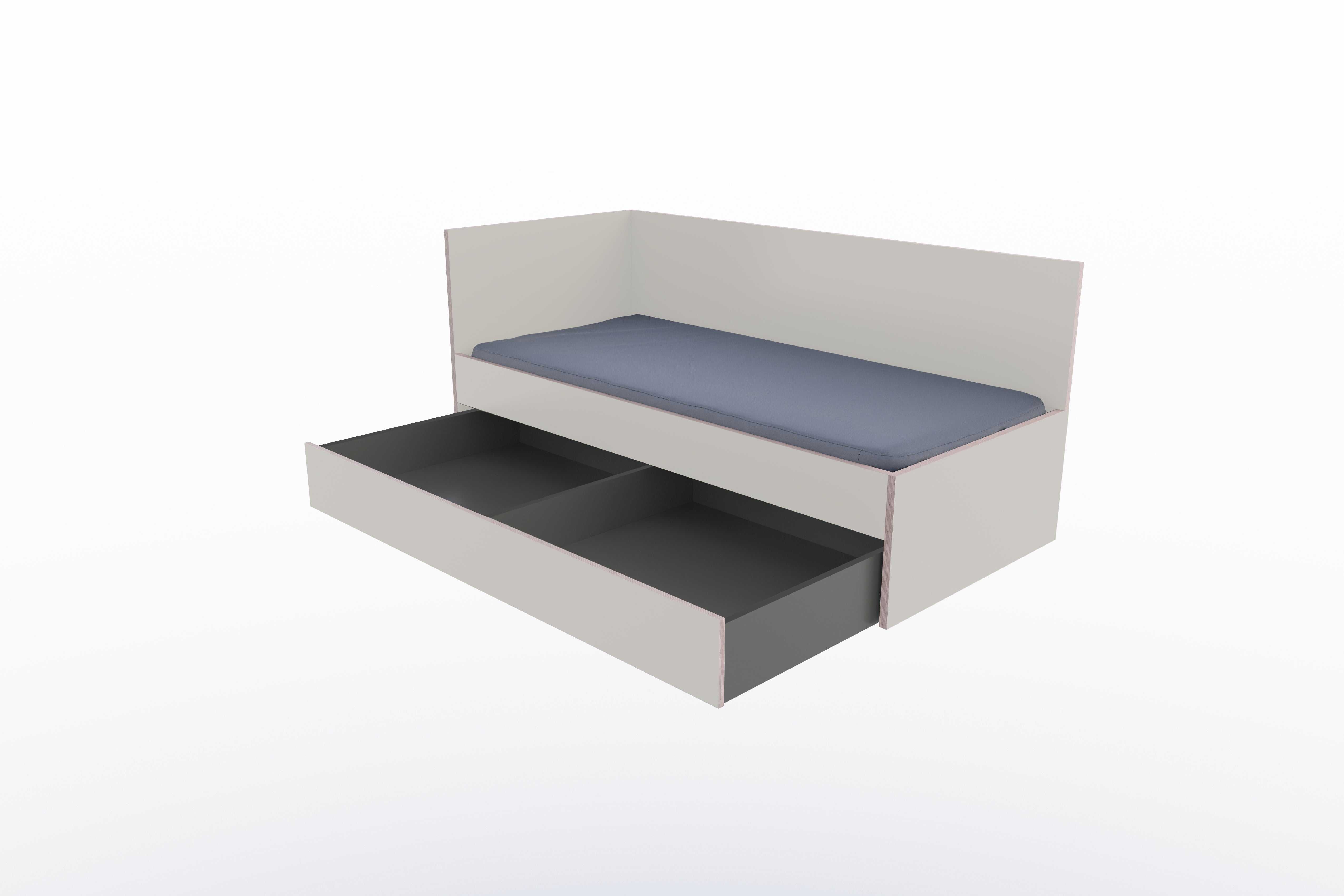 Corner Bett mit Auszug auf Rollen 90 x 200 links in Steingrau/Multiplexkante präsentiert im Onlineshop von KAQTU Design AG. Bett ist von Müller Möbelwerkstätten