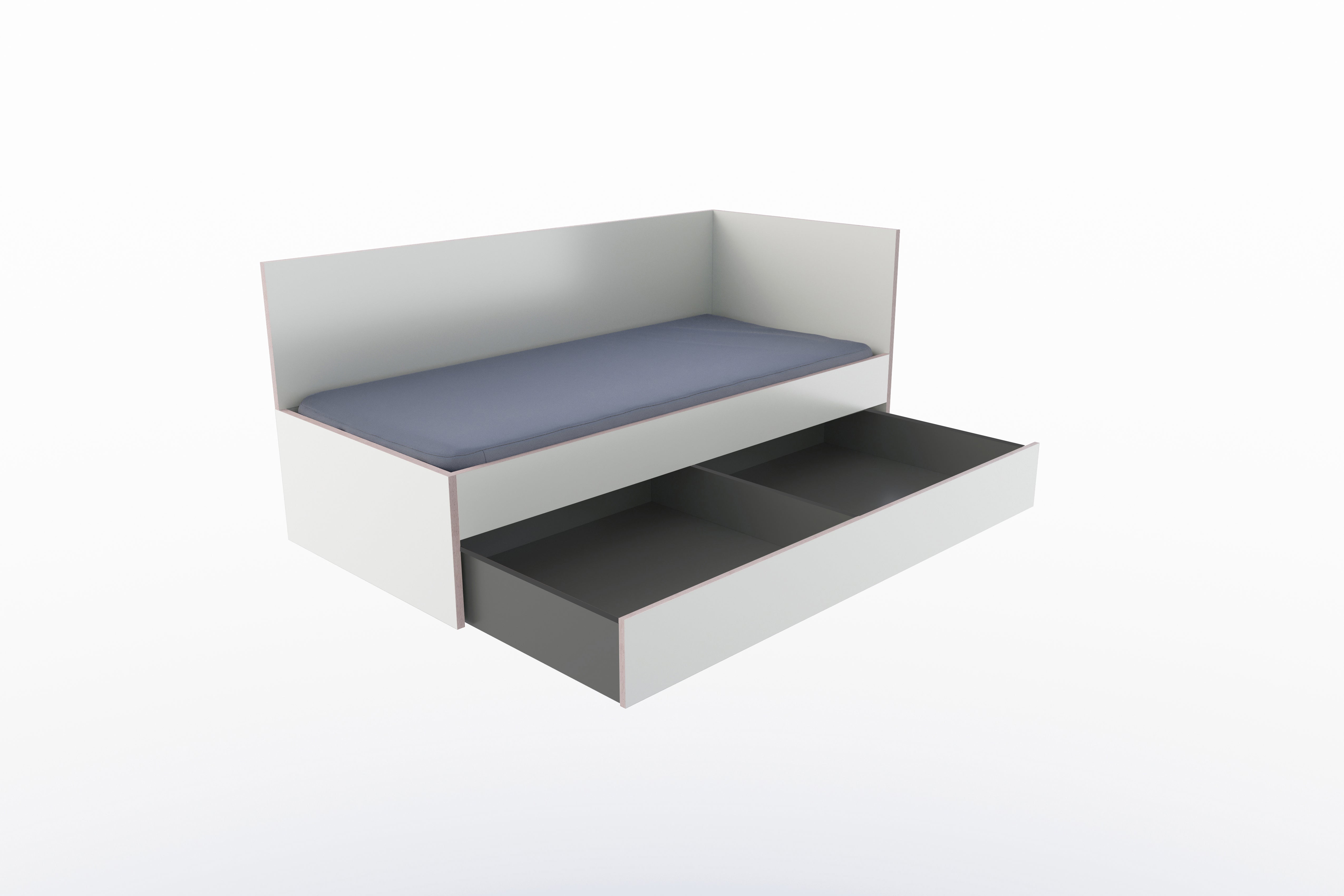Corner Bett mit Auszug auf Rollen 90 x 200 rechts in Weiss/Multiplexkante präsentiert im Onlineshop von KAQTU Design AG. Bett ist von Müller Möbelwerkstätten