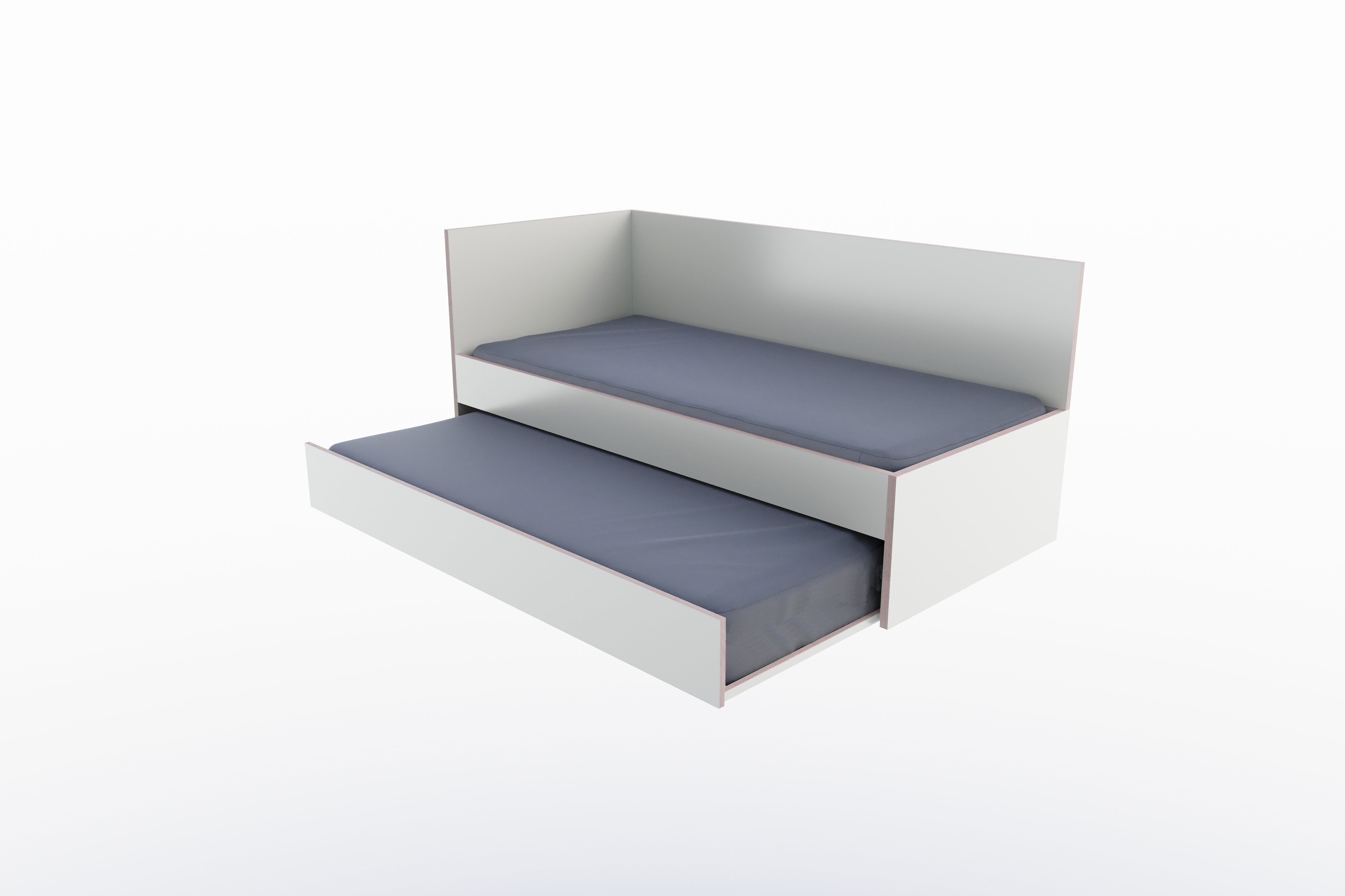 Corner Bett mit ausziehbarer Liegefläche 90 x 200 links in Weiss/Multiplexkante präsentiert im Onlineshop von KAQTU Design AG. Bett ist von Müller Möbelwerkstätten