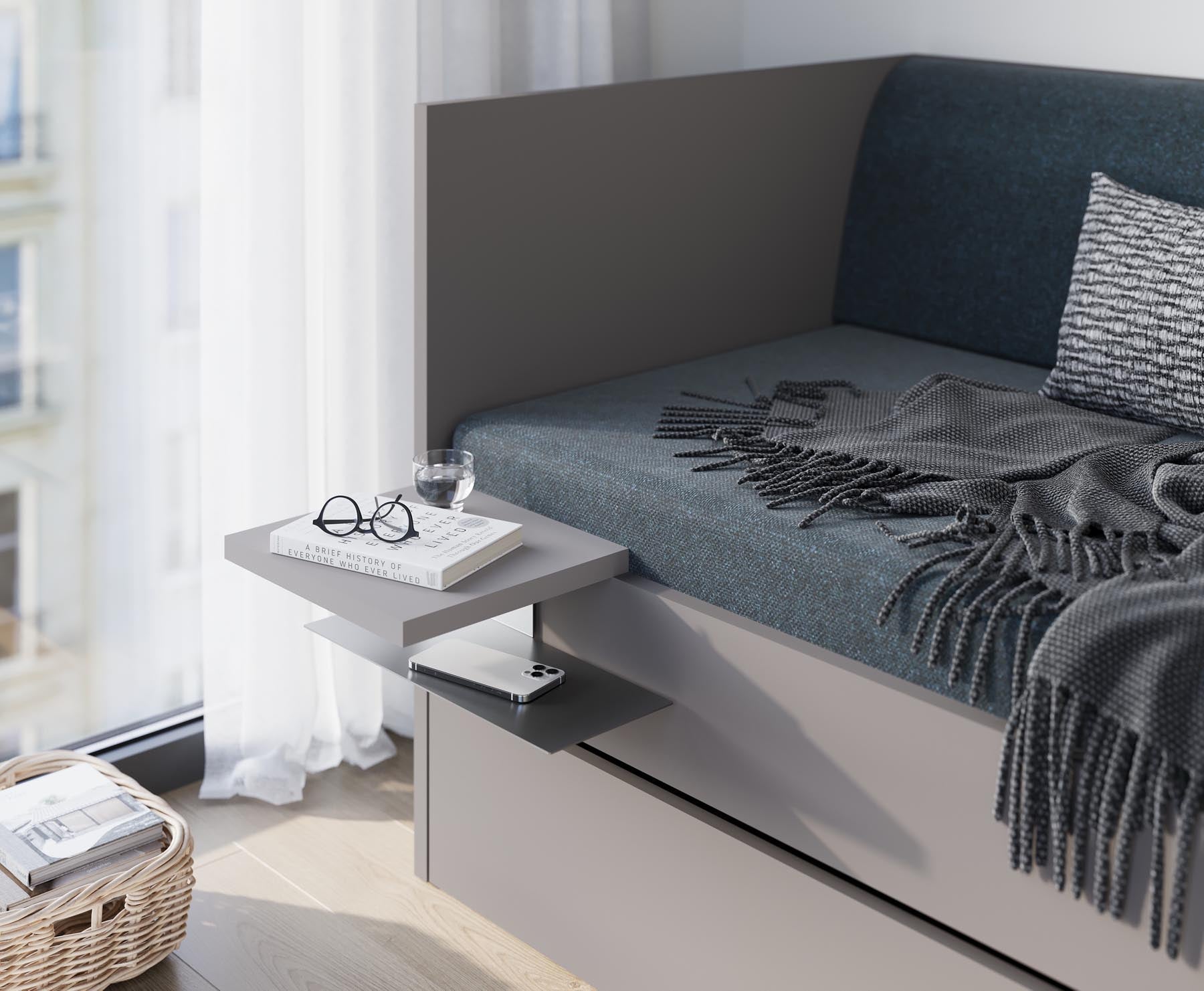 Corner Bett mit ausziehbarer Liegefläche 90 x 200 links in Steingrau präsentiert im Onlineshop von KAQTU Design AG. Bett ist von Müller Möbelwerkstätten