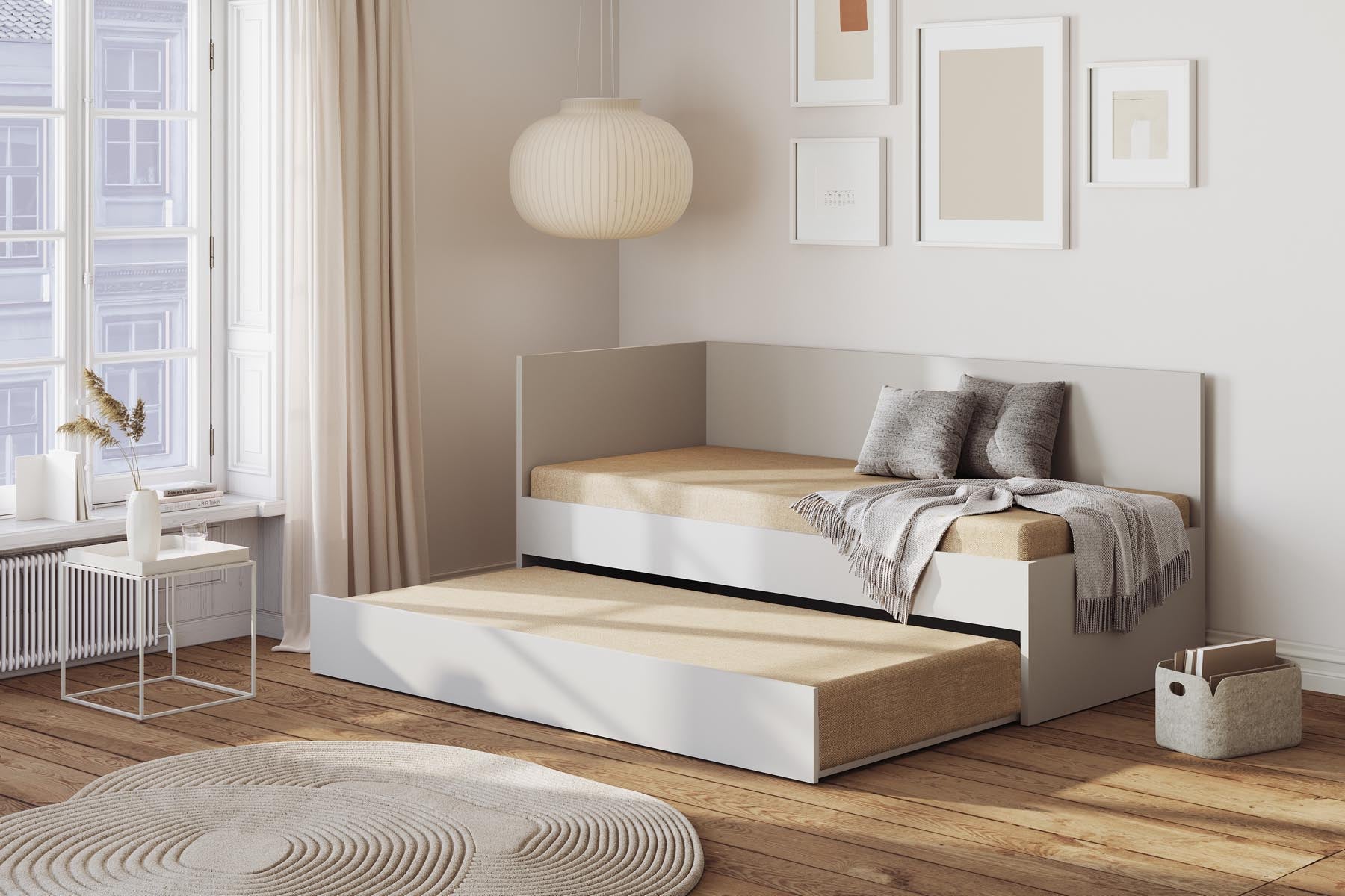 Corner Bett mit ausziehbarer Liegefläche 90 x 200 links in Kaschmirgrau präsentiert im Onlineshop von KAQTU Design AG. Bett ist von Müller Möbelwerkstätten