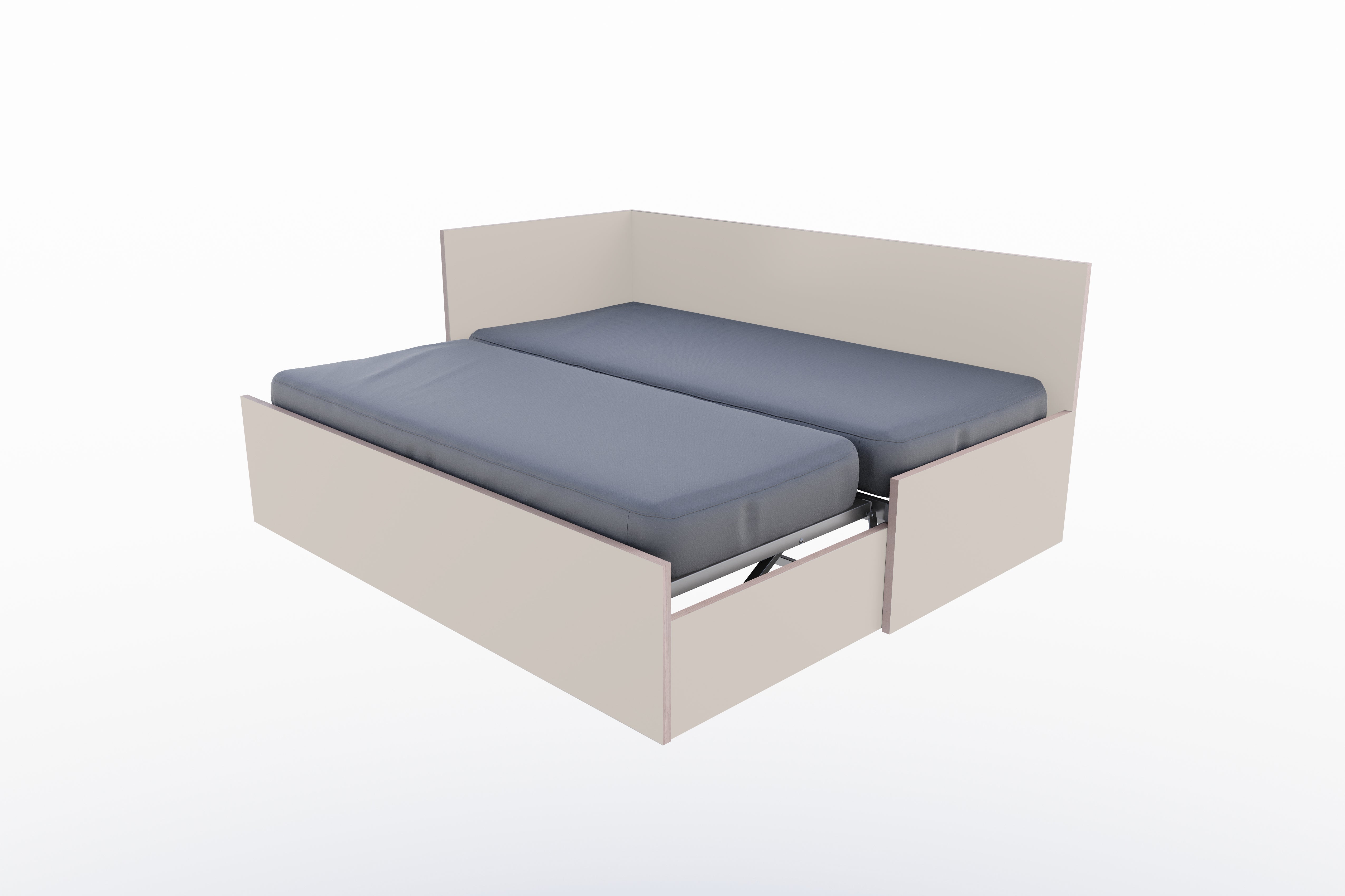 Corner Bett mit ausziehbarer Liegefläche, höhengleich 90 x 200 links in Kaschmirgrau/Multiplexkante präsentiert im Onlineshop von KAQTU Design AG. Bett ist von Müller Möbelwerkstätten