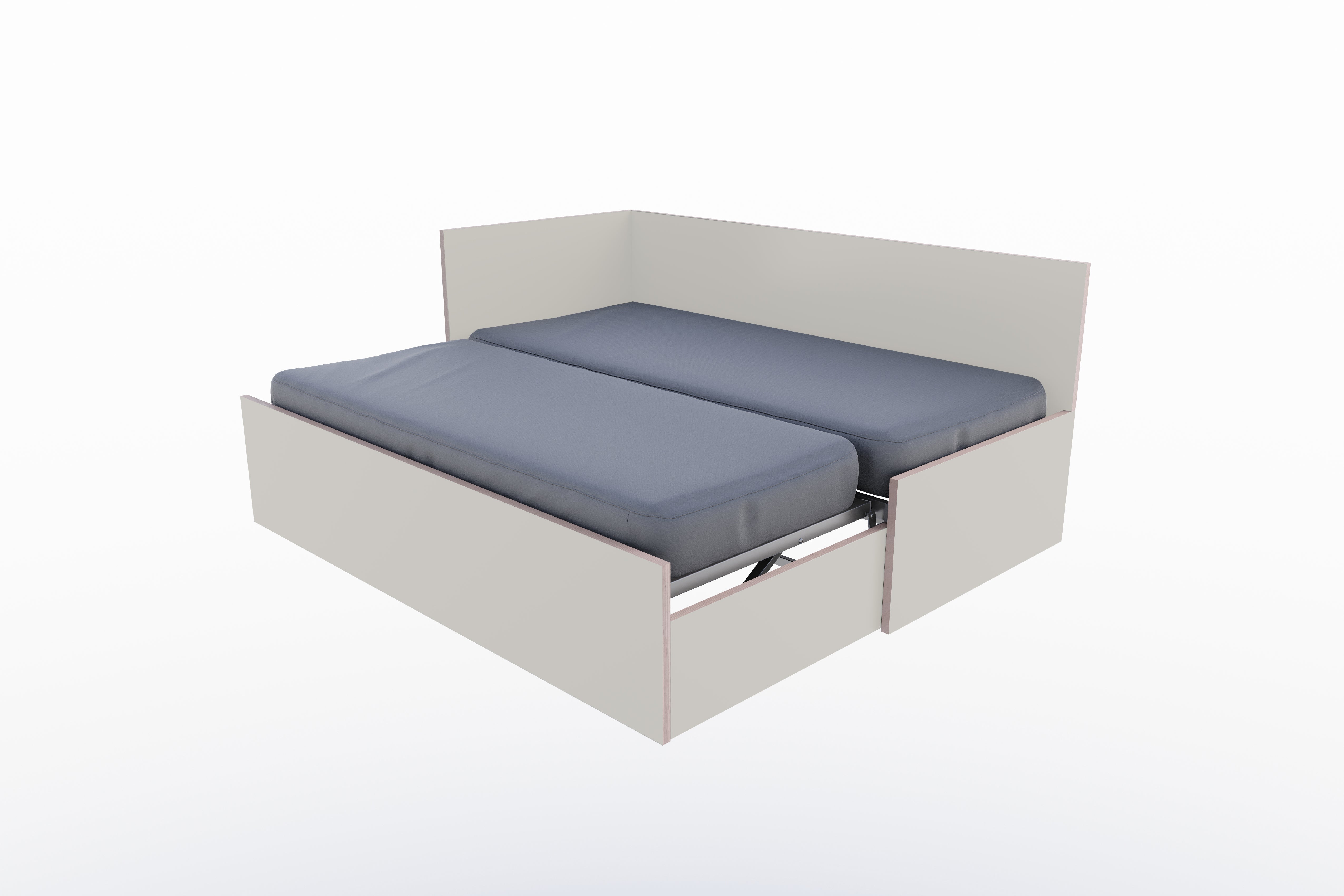 Corner Bett mit ausziehbarer Liegefläche, höhengleich 90 x 200 links in Steingrau/Multiplexkante präsentiert im Onlineshop von KAQTU Design AG. Bett ist von Müller Möbelwerkstätten