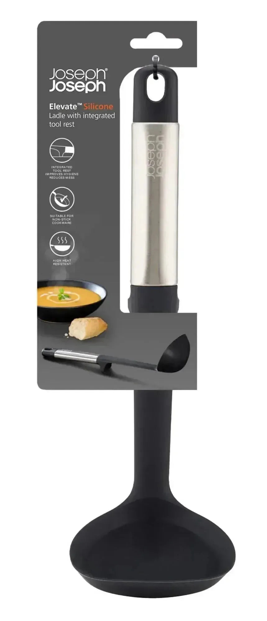 Moderner Schöpflöffel aus Silikon mit Edelstahlgriff, ideal für präzises Servieren und vielseitige Küchenanwendungen.