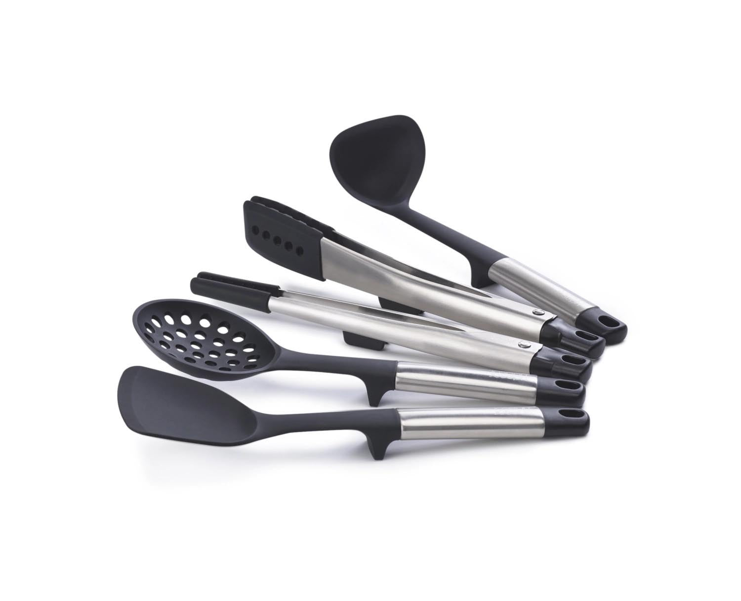 Praktisches 5-teiliges Silikon-Küchenutensilien-Set mit Ständer, ideal für sauberes und organisiertes Kochen von Joseph Joseph.