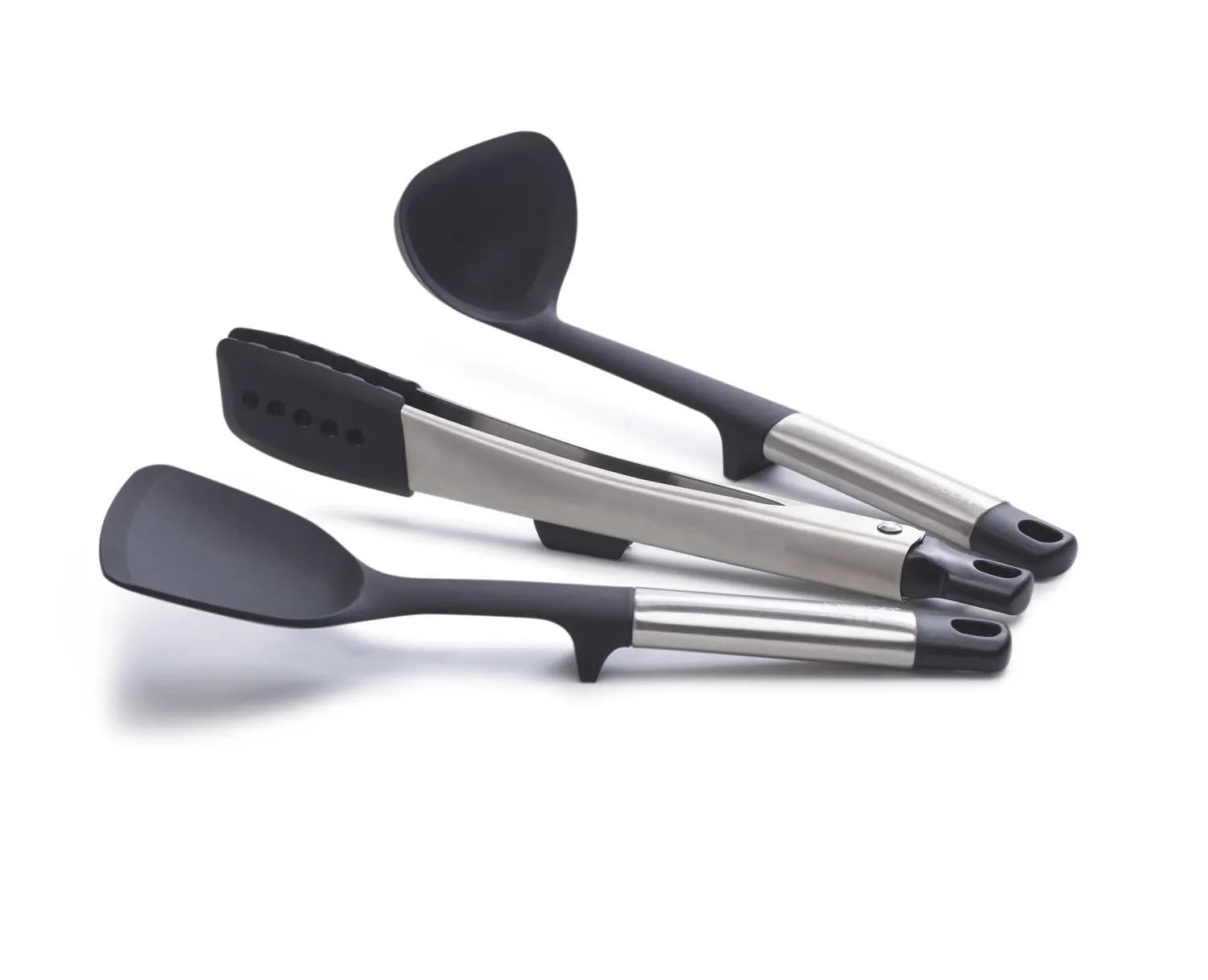 Praktisches 3-teiliges Silikon-Küchenhelfer-Set mit Ständer, ideal für sauberes und organisiertes Kochen von Joseph Joseph.