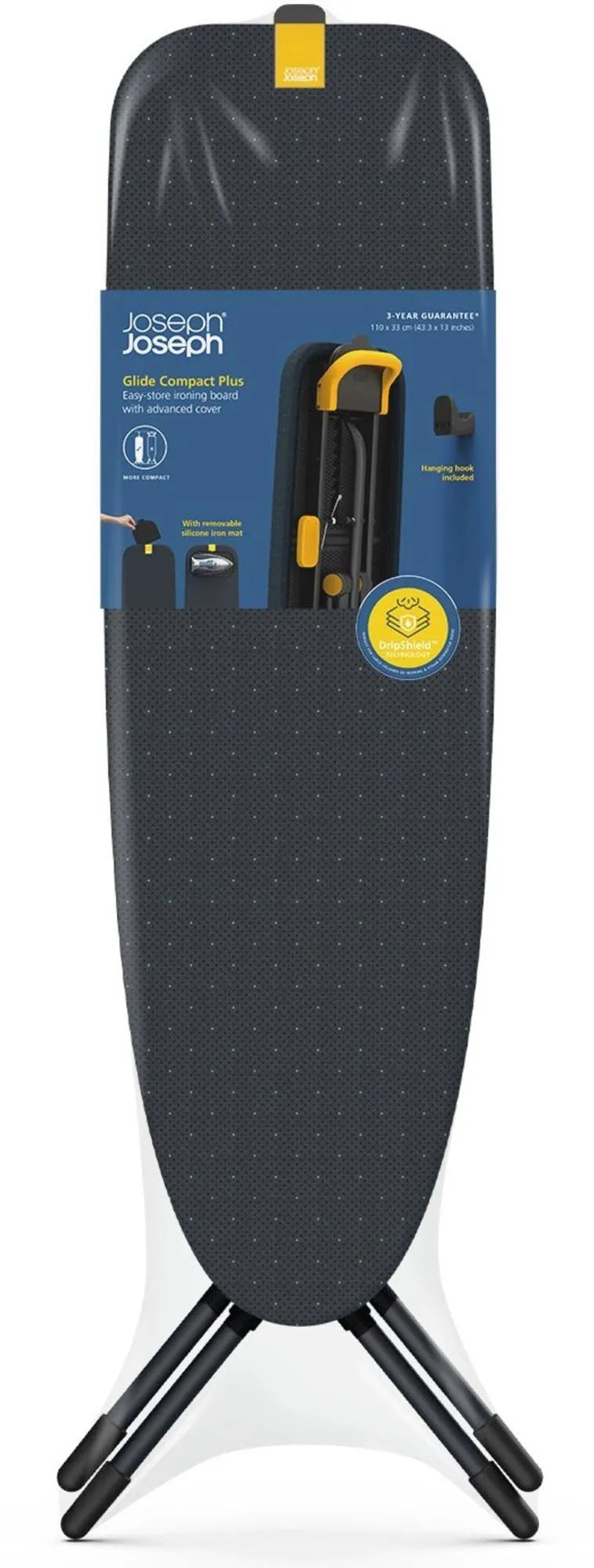 Das Glide Compact Plus Bügelbrett von Joseph Joseph kombiniert Stil und Effizienz in Schwarz/Blau für komfortables Bügeln.
