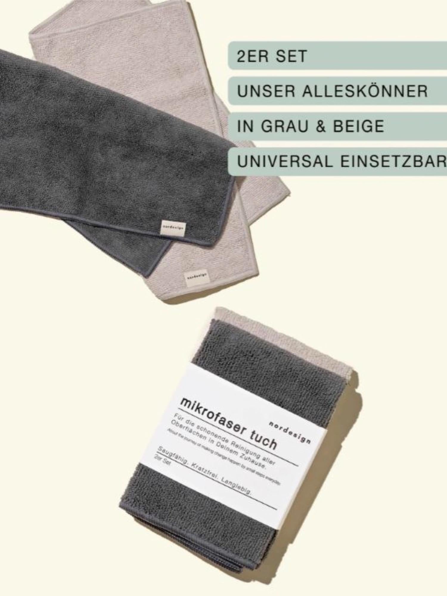 Hochwertiges 2er Set Mikrofaser Tücher in Grau und Beige von Nordesign, ideal für Reinigung und Pflege, langlebig und saugfähig.