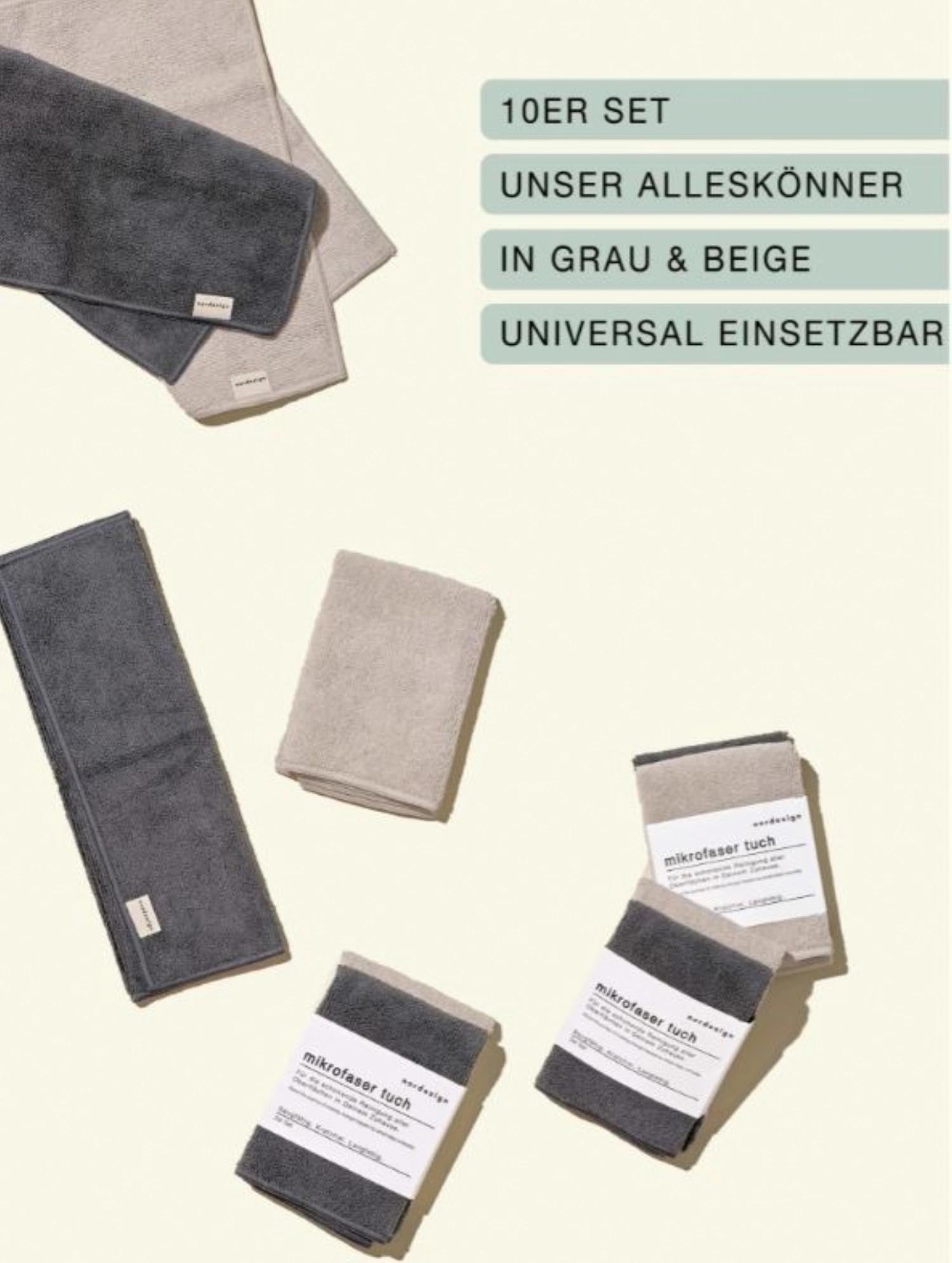 2er Set Mikrofaser Tücher von Nordesign in Grau und Beige, saugstark und langlebig, perfekt für Reinigung und Pflege.
