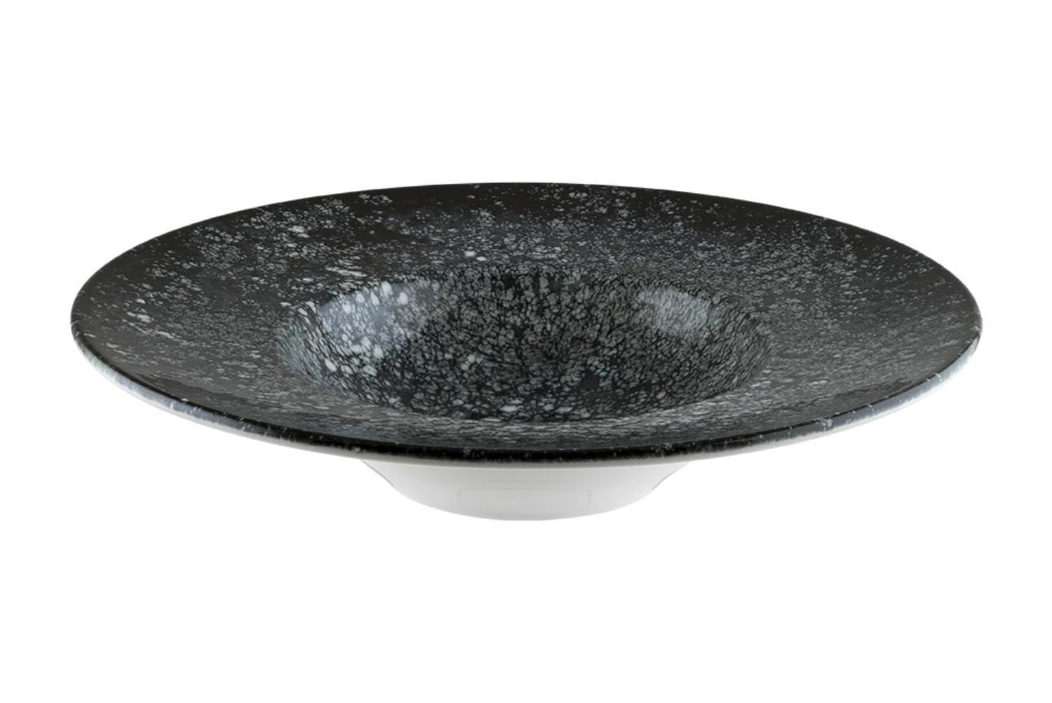 Eleganter tiefer Teller aus der Cosmos Black Serie von Bonna, 28 cm Durchmesser, 400 ml Volumen, ideal für stilvolle Präsentationen.