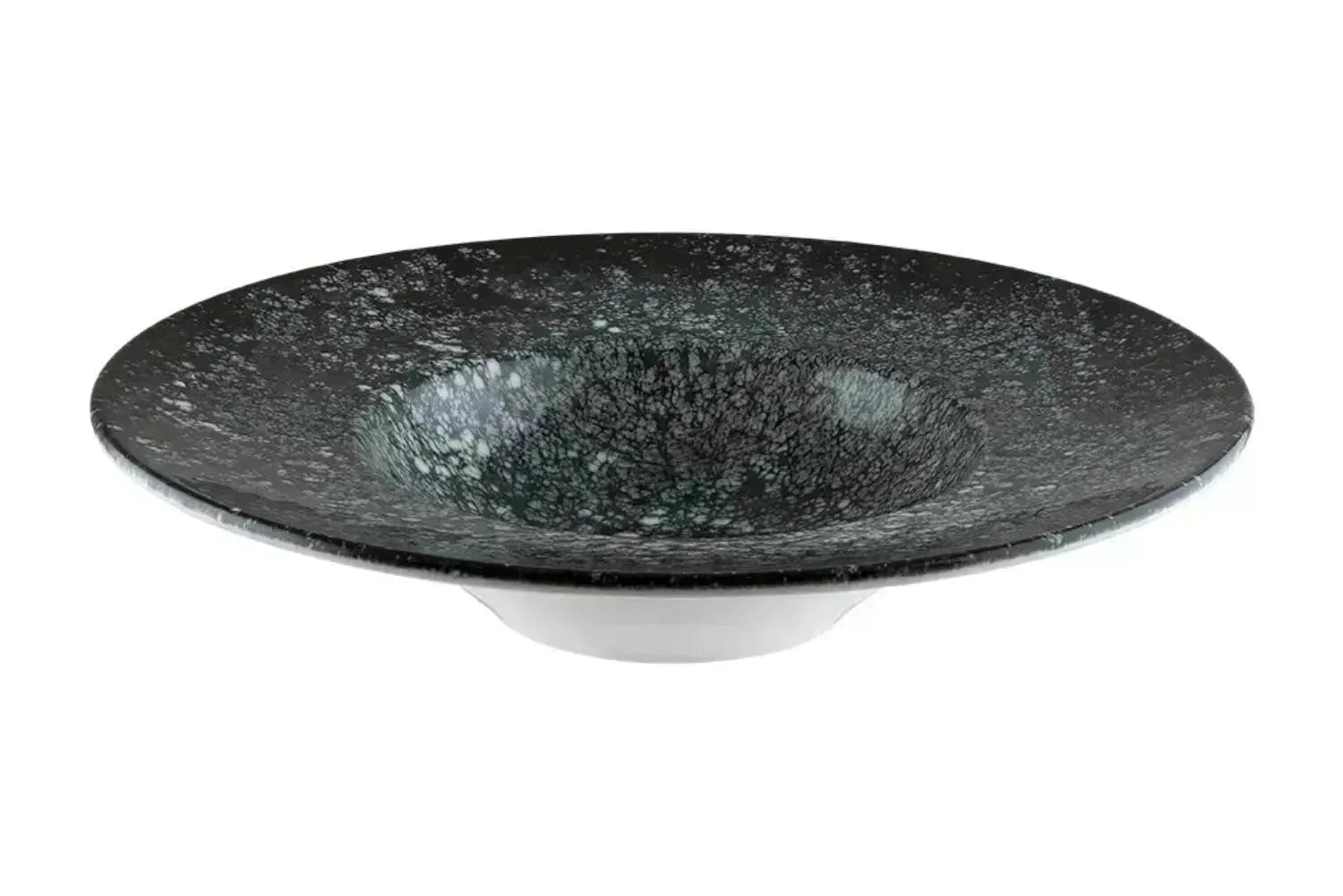 Eleganter tiefer Teller aus der Cosmos Black Serie von Bonna, 28 cm Durchmesser, 400 ml Volumen, ideal für stilvolle Präsentationen.