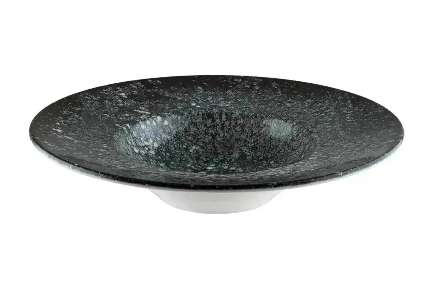 Eleganter tiefer Teller aus der Cosmos Black Serie von Bonna, 28 cm Durchmesser, 400 ml Volumen, ideal für stilvolle Präsentationen.