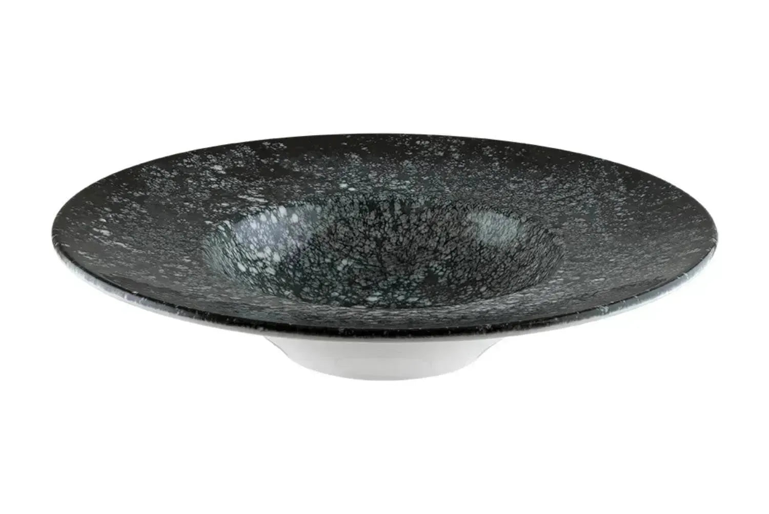 Eleganter tiefer Teller aus der Cosmos Black Serie von Bonna, 28 cm Durchmesser, 400 ml Volumen, ideal für stilvolle Präsentationen.
