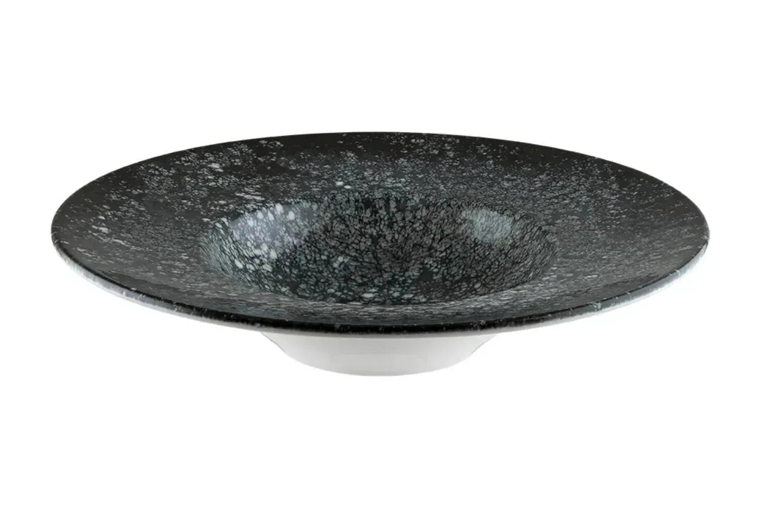 Eleganter tiefer Teller aus der Cosmos Black Serie von Bonna, 28 cm Durchmesser, 400 ml Volumen, ideal für stilvolle Präsentationen.