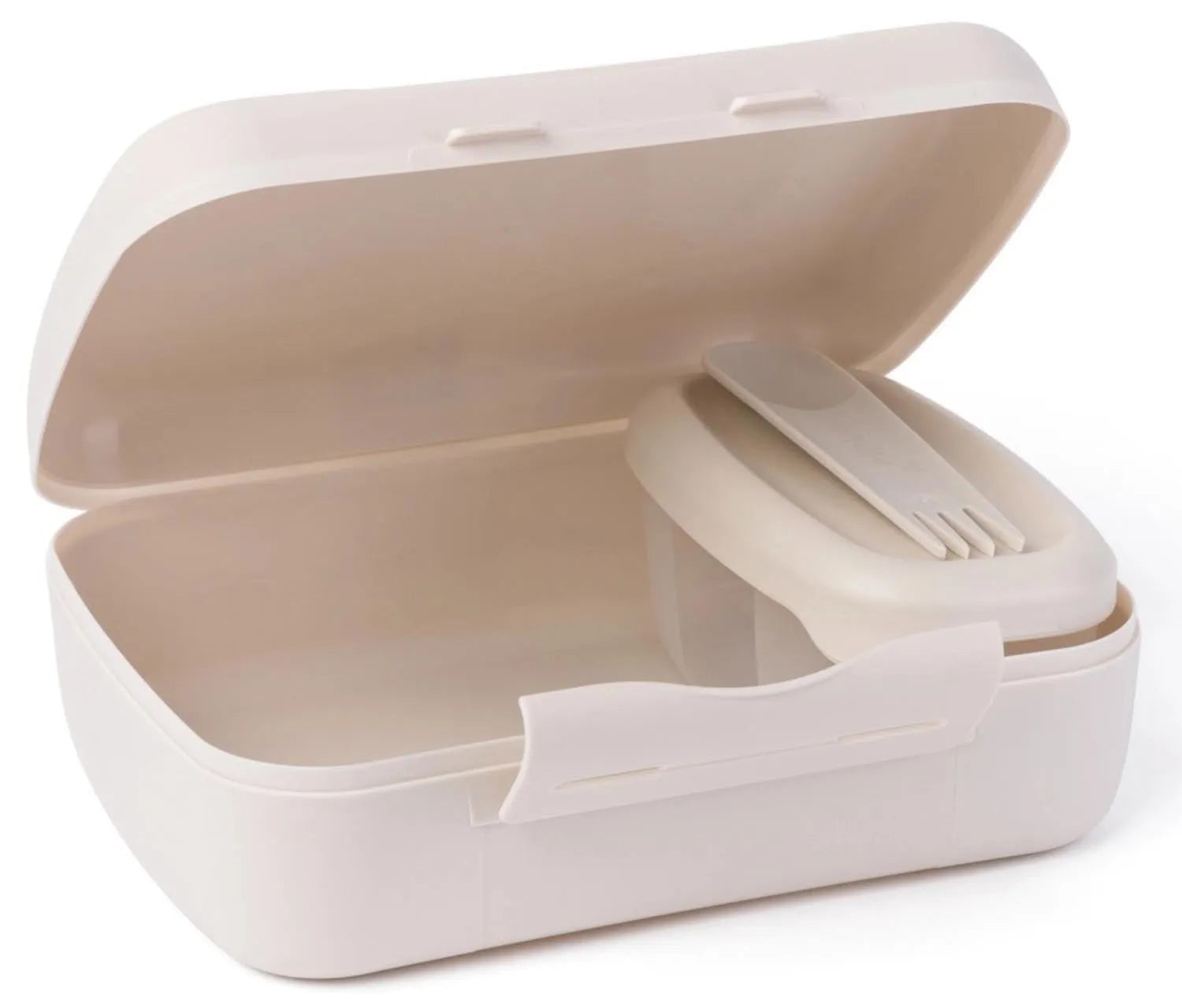 Stilvolle Salatbox mit Göffel, ideal für Brunch und unterwegs. Beige, 210x156x71mm, von Amuse. Praktisch und umweltfreundlich.