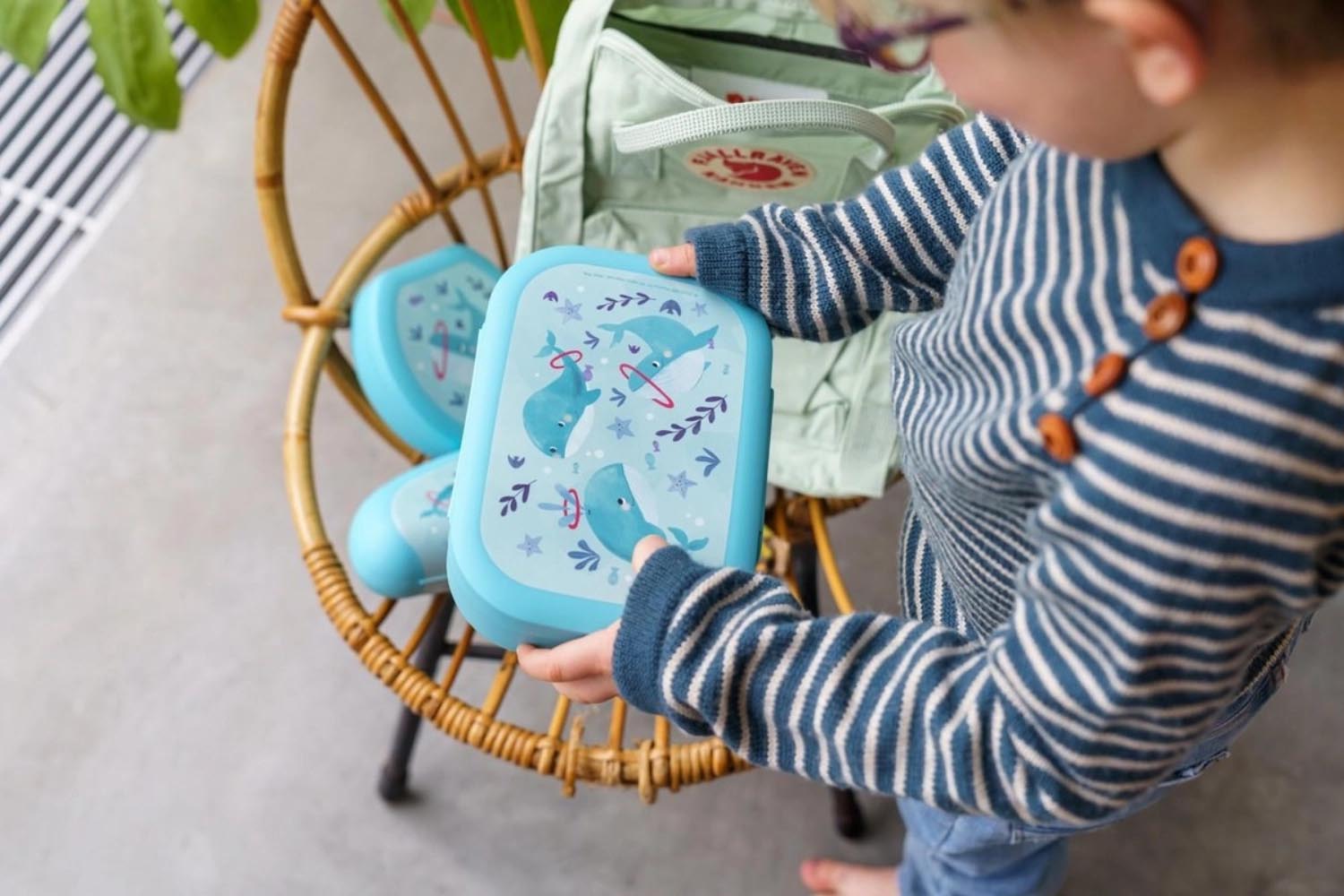Praktische hellblaue Lunchbox mit Wal-Motiv, 180x132x50 mm, von Amuse. Perfekt für Snacks und Mahlzeiten unterwegs.