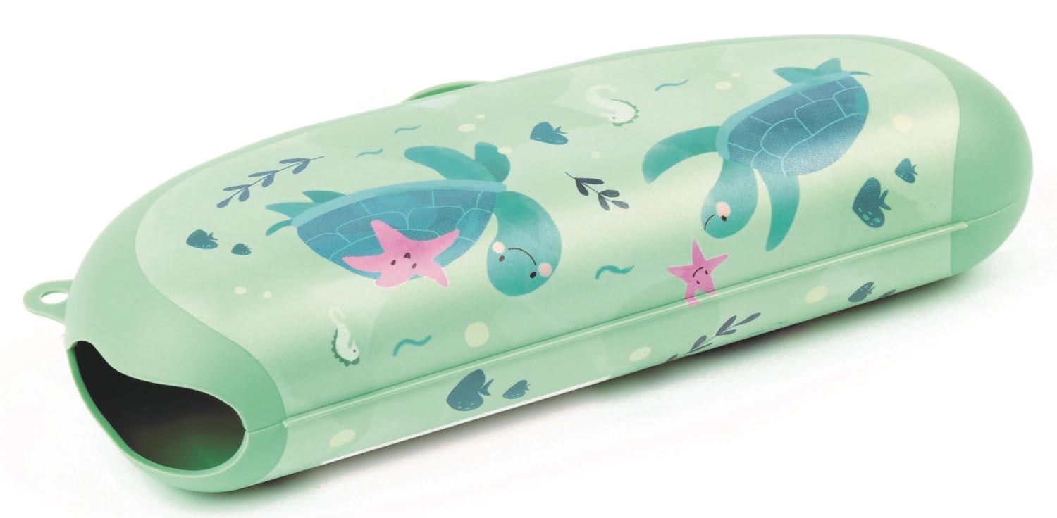 Praktische hellgrüne Bananenbox in Schildkrötenform, ideal für unterwegs. Maße: 223x90x50 mm. Perfekt für frische Bananen.