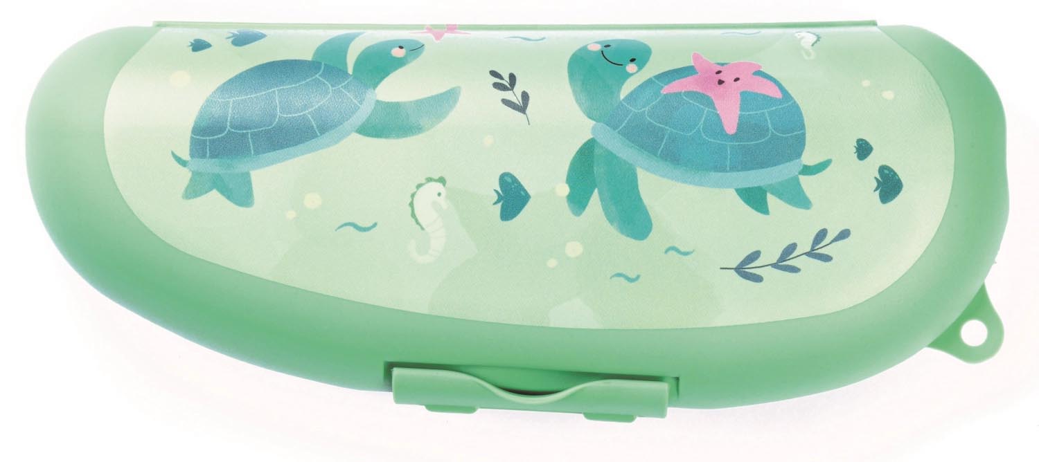 Hellgrüne Bananenbox in Schildkrötenform, 223x90x50 mm, ideal für unterwegs, schützt Bananen und hält sie frisch.