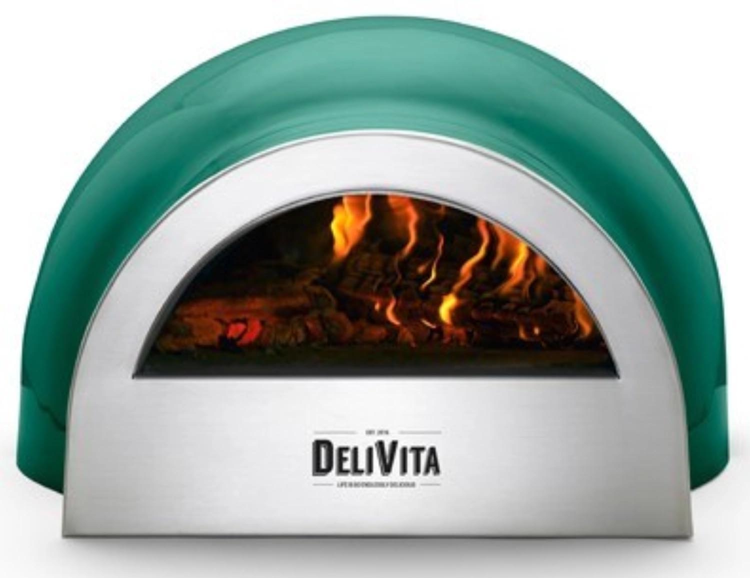 Der grüne Delivita Ofen ist ein stilvoller, kompakter Holzofen, ideal für Pizza und Brot, mit modernem Design und einfacher Handhabung.