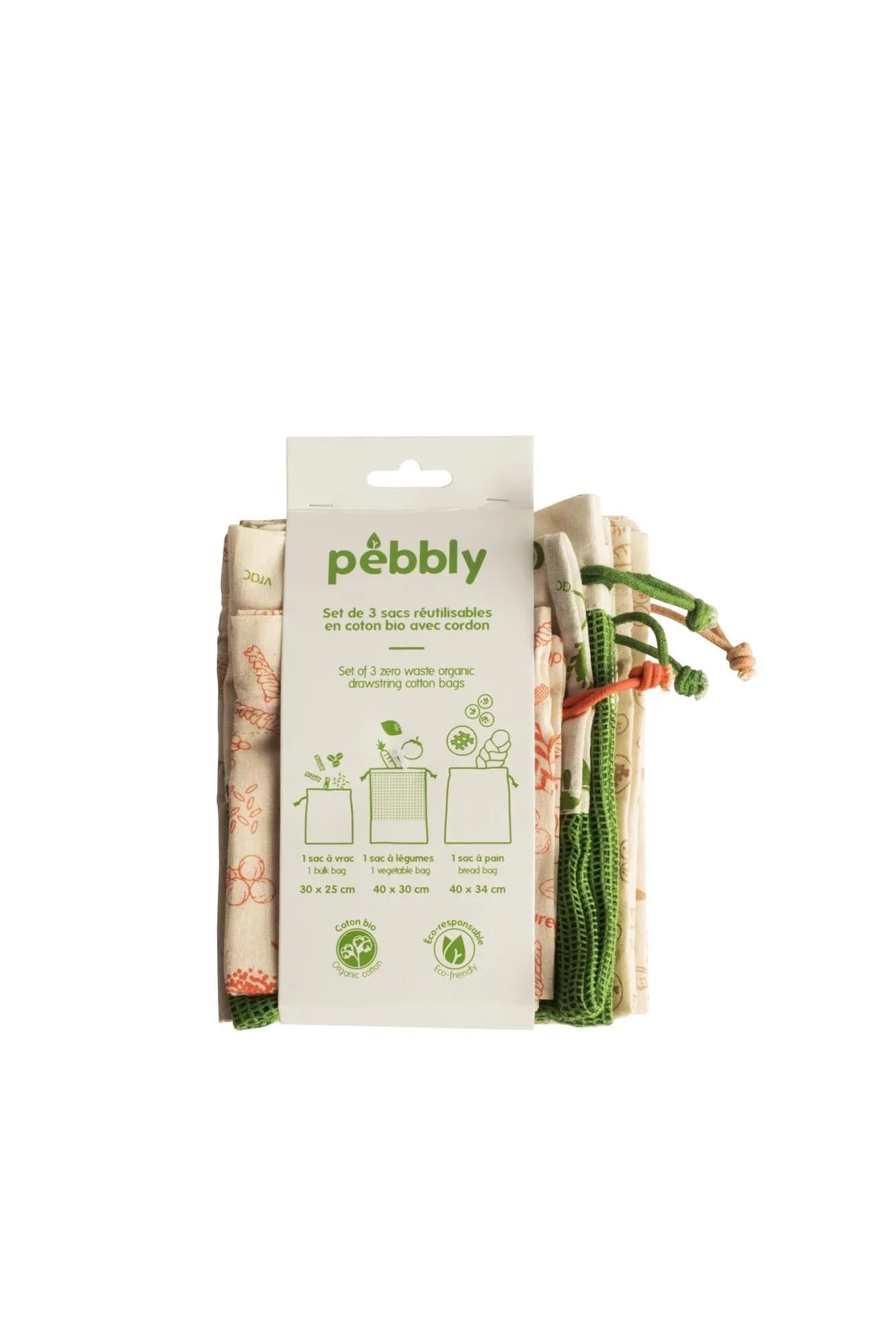 Praktisches 3er Set Stoffbeutel von Pebbly in verschiedenen Größen, ideal für nachhaltige Aufbewahrung und Organisation.