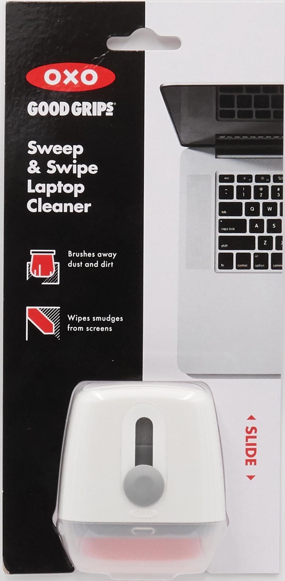 Kompakter OXO Laptop-Reiniger mit integrierter Bürste und Wischer, ideal für die Reinigung von Tastaturen und Bildschirmen.