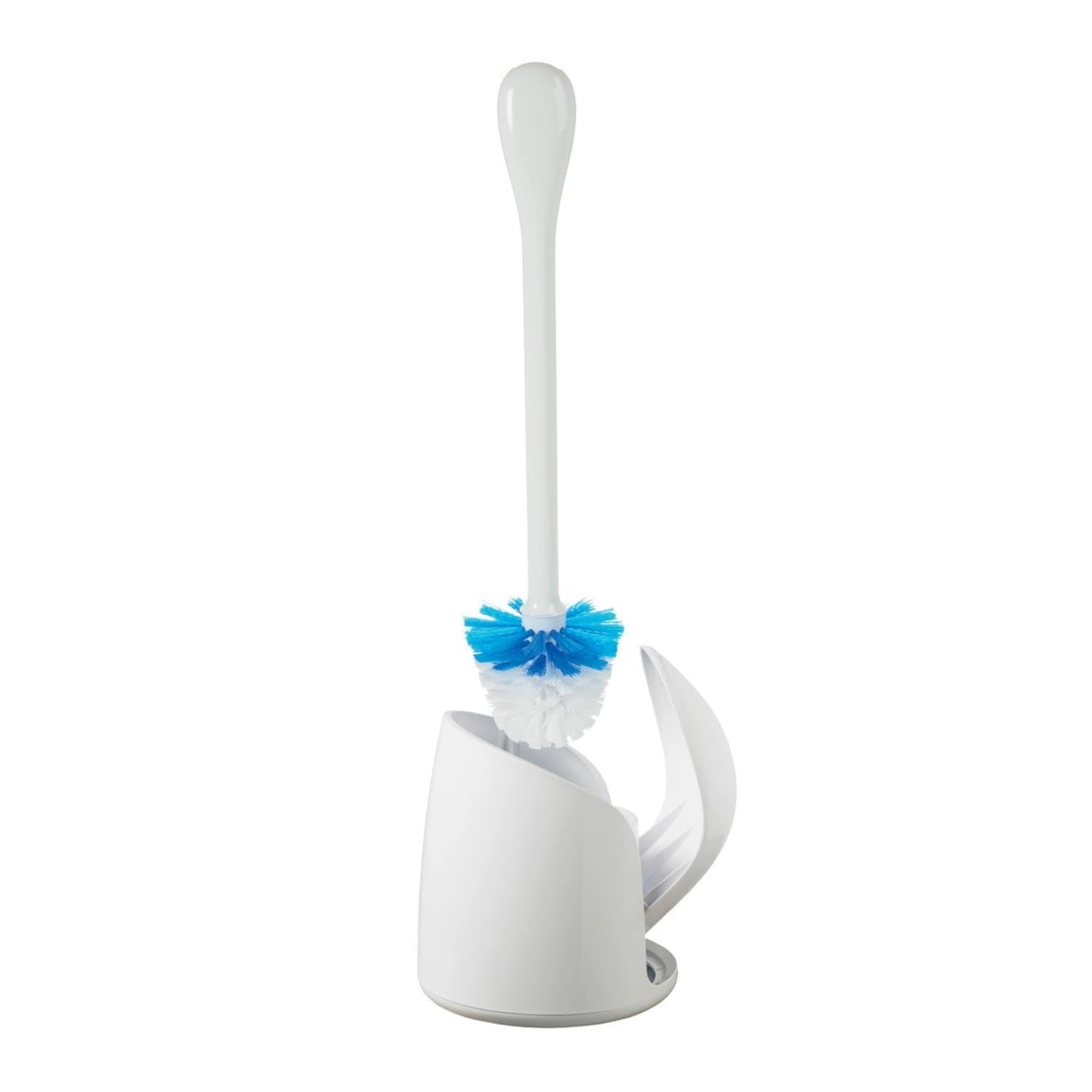 Kompakte weiße Toilettenbürste von OXO mit cleverem Design, hygienischer Aufbewahrung und langlebigen Borsten für effektive Reinigung.