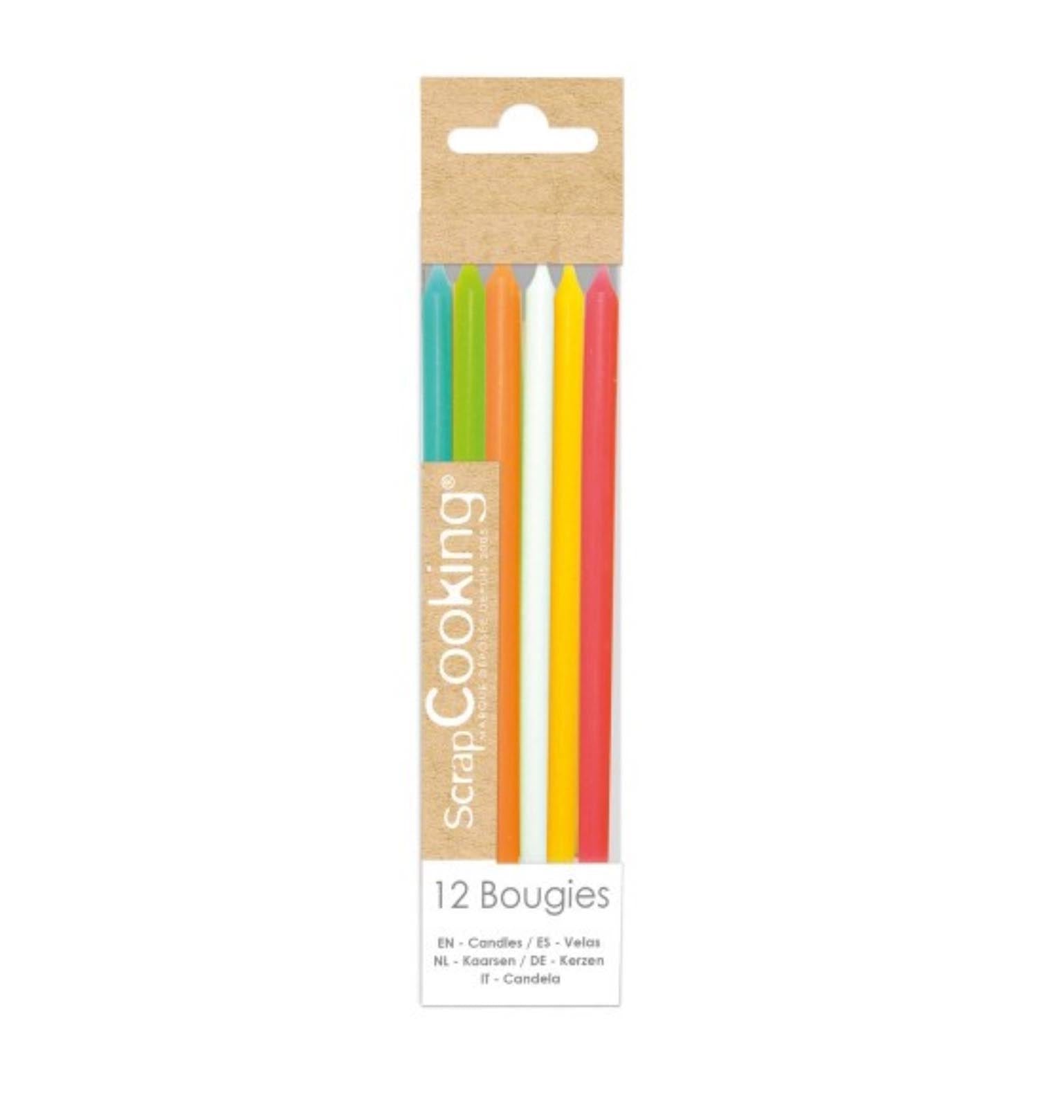 Buntes 12er Set langer Kerzen (12 cm) von Scrap Cooking, perfekt für Partys, erhältlich bei Migros Do It.