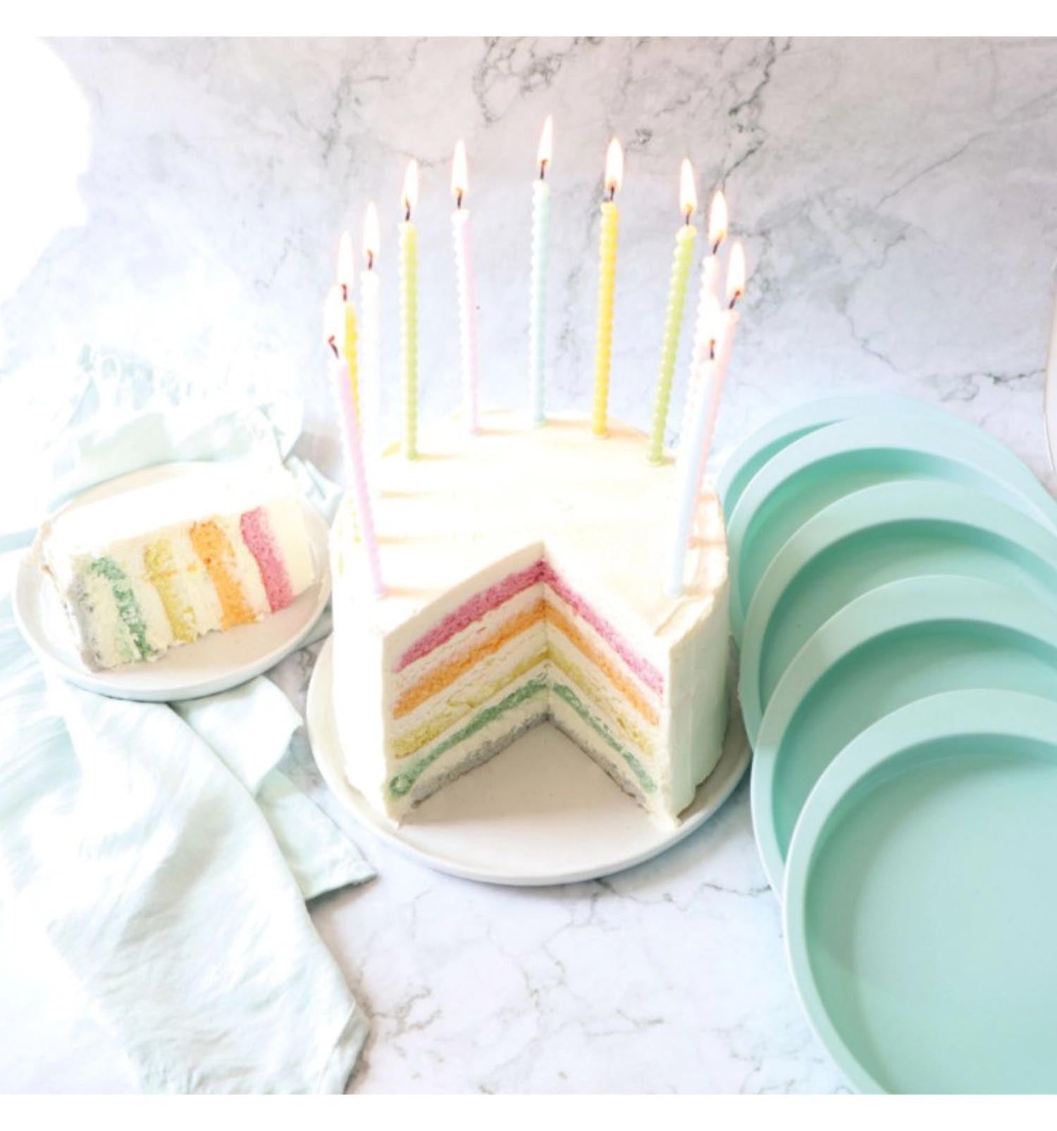 Set aus 5 Silikon-Backformen für Layer Cakes, perfekt für gleichmäßige Schichten und kreative Kuchenideen in Ihrer Küche.