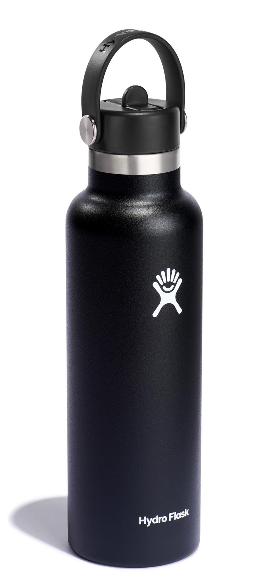 Schwarze 620ml Trinkflasche mit Flex Deckel und Strohhalm von Hydro Flask, ideal für unterwegs und stylisch im Design.