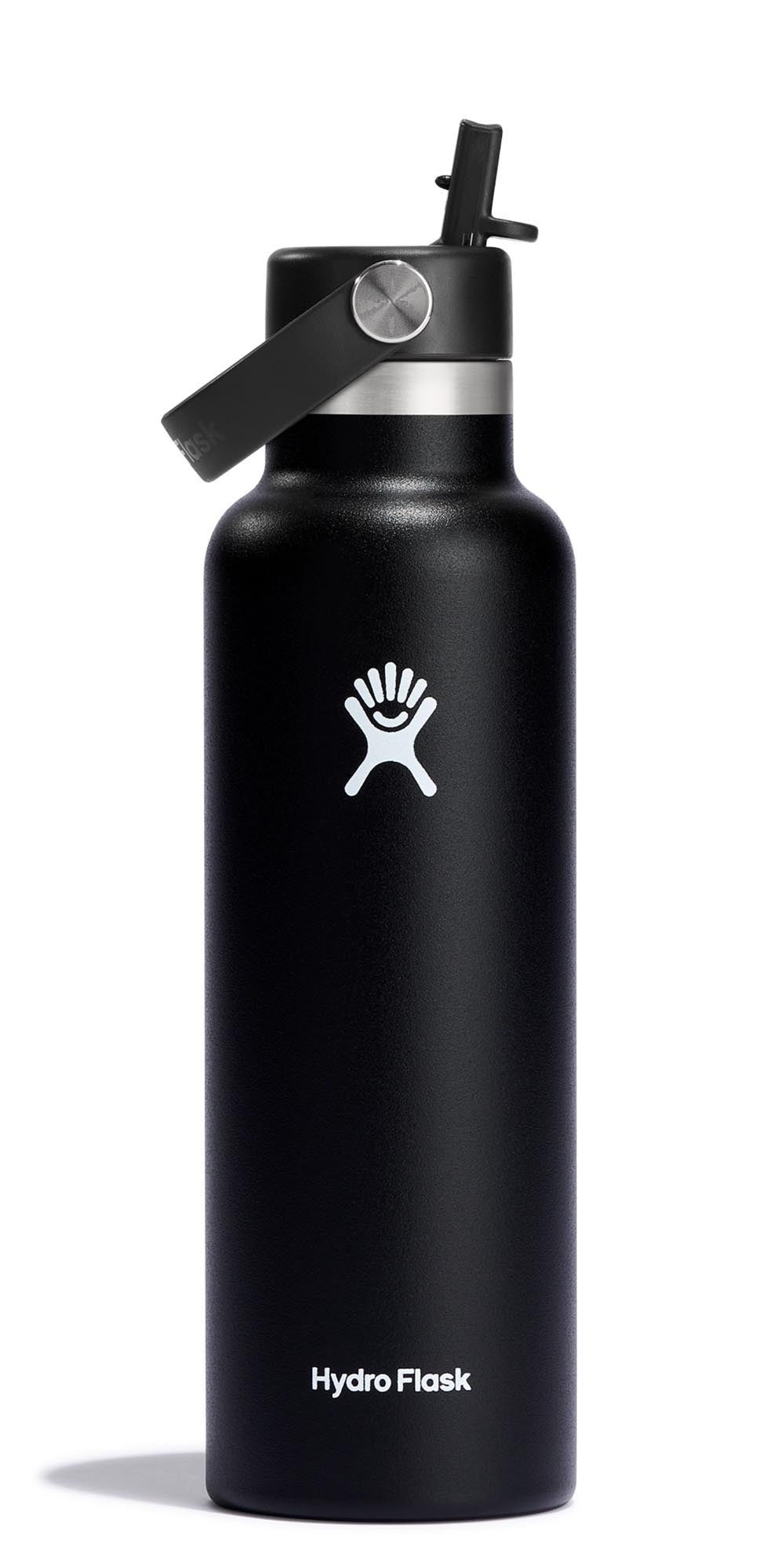 Schwarze 620ml Hydro Flask Trinkflasche mit Flex Deckel und Strohhalm – ideal für unterwegs und für alle, die Wert auf Design und Funktion legen.