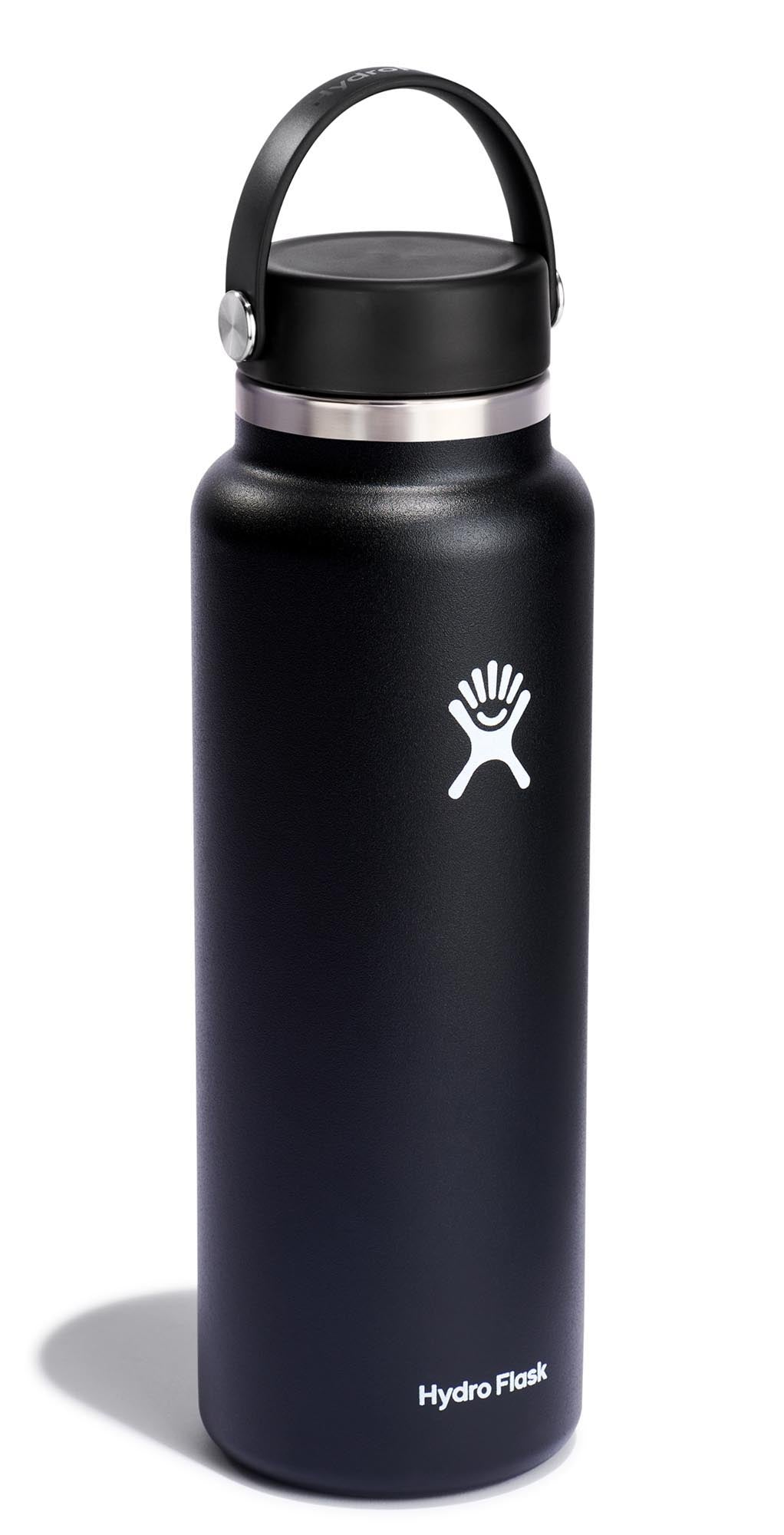 Schwarze Hydro Flask Trinkflasche mit Wide Flex Deckel, 1180ml, ideal für unterwegs und sportliche Aktivitäten, stilvolles Design.