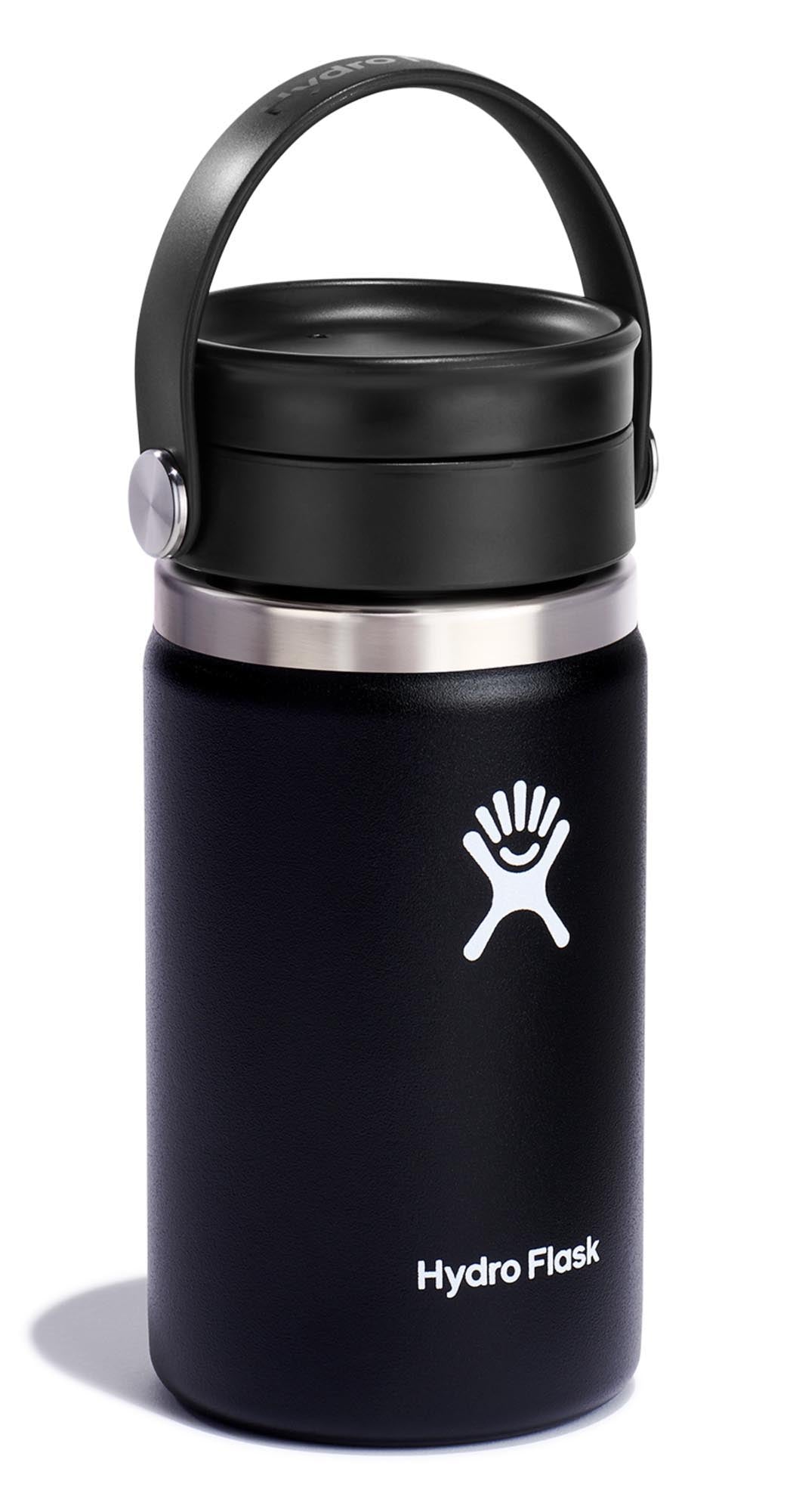 Schwarze 350ml Trinkflasche mit Wide Flex Sip Deckel von Hydro Flask, ideal für unterwegs und stylisch im Design.