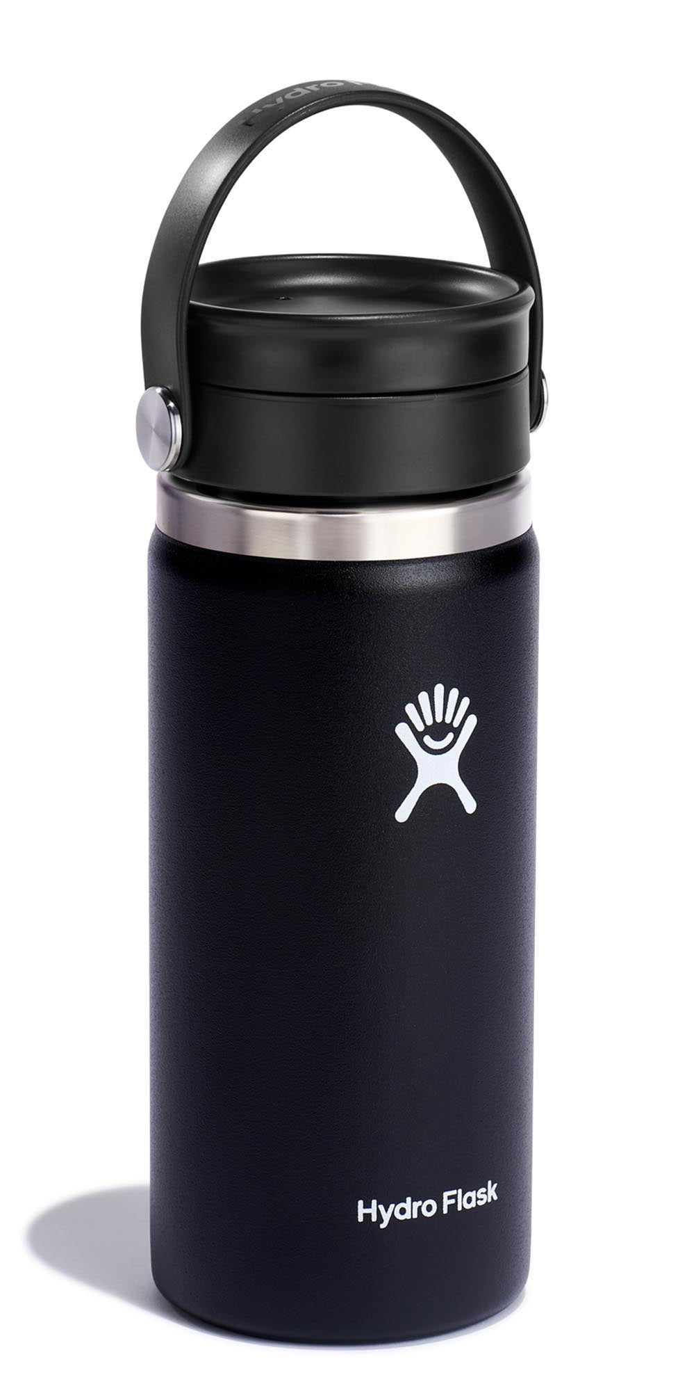 Schwarze 470ml Trinkflasche mit Wide Flex Sip Deckel von Hydro Flask, ideal für unterwegs und stylisch im Design.