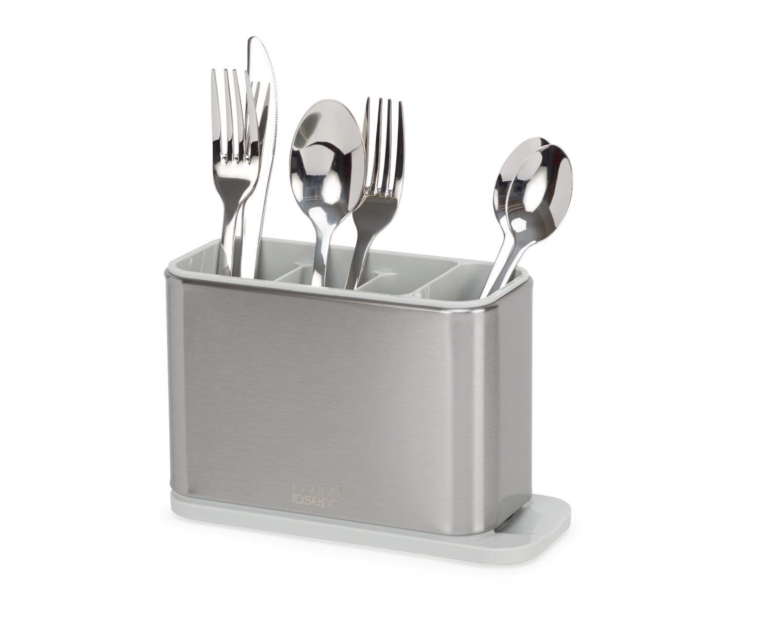 Eleganter Besteckabtropfbehälter aus Edelstahl in Ecru von Joseph Joseph, perfekt für eine stilvolle und ordentliche Küche.
