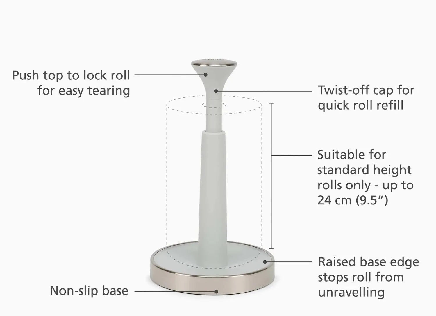 Stilvoller Joseph Joseph Papierrollenhalter in Ecru, geeignet für Rollen bis 24 cm, mit innovativer Push+Tear Funktion für einfaches Abreißen.