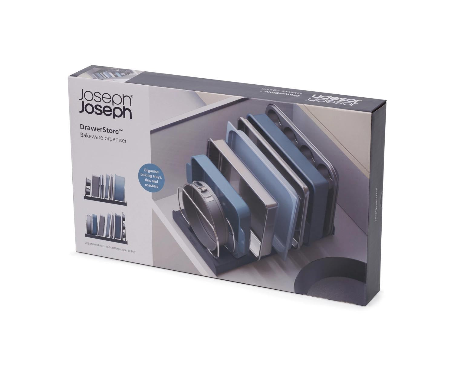 Praktischer Organizer für Backbleche und Schneidebretter, platzsparend und ideal für die Küchenschublade.