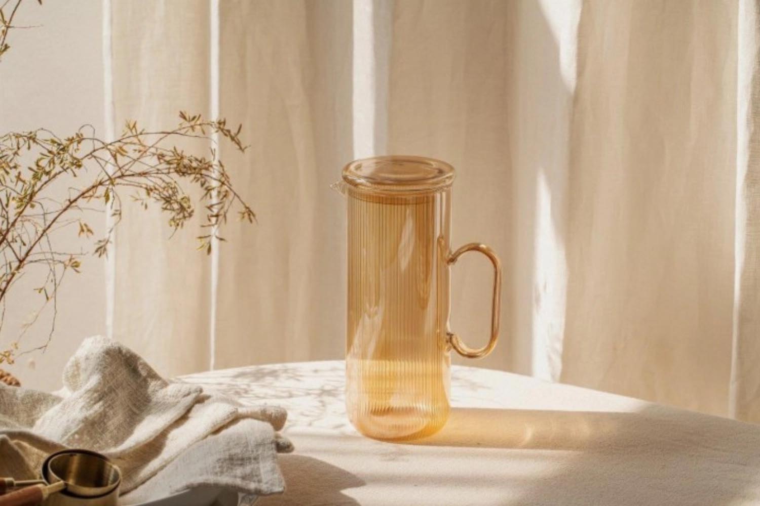 Elegante Karaffe aus hitzebeständigem Borosilikatglas, 1.2l, mit goldfarbenem Akzent, ideal für stilvolles Servieren.
