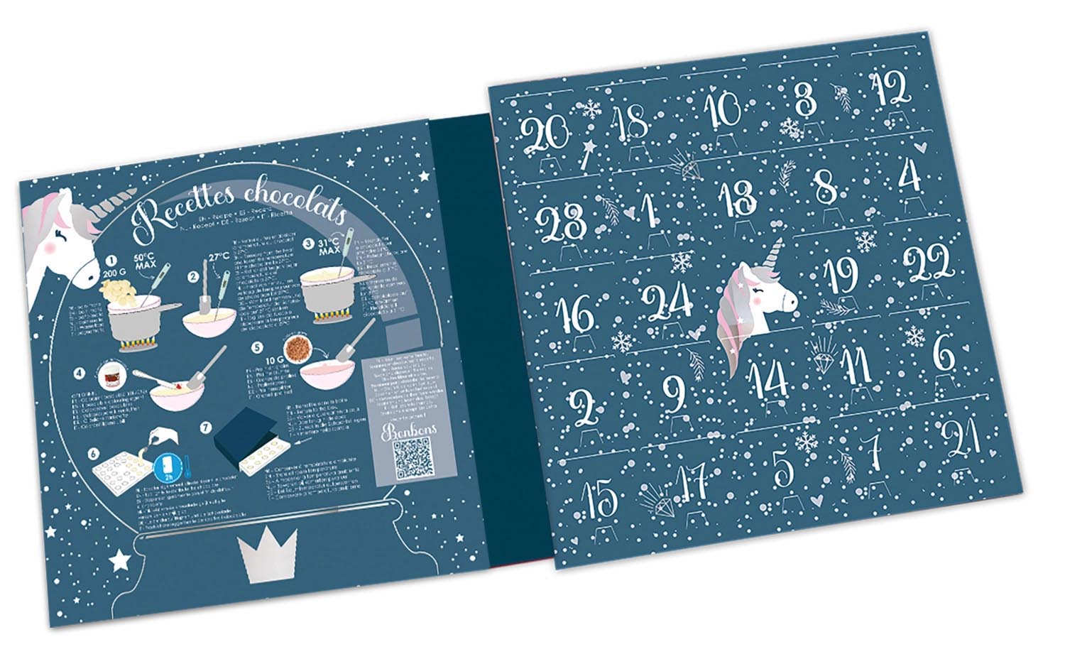 Adventskalender mit Einhorn-Schokogießformen von Scrap Cooking – kreativer Schokoladenspaß für die Adventszeit.