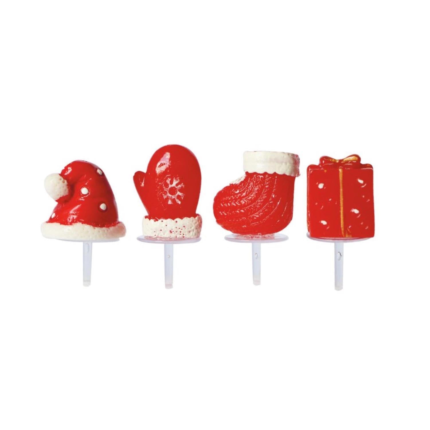 Ein festliches 4er Set Tortendeko aus Kunstharz in Handschuhform von Scrap Cooking, ideal für weihnachtliche Backkreationen.