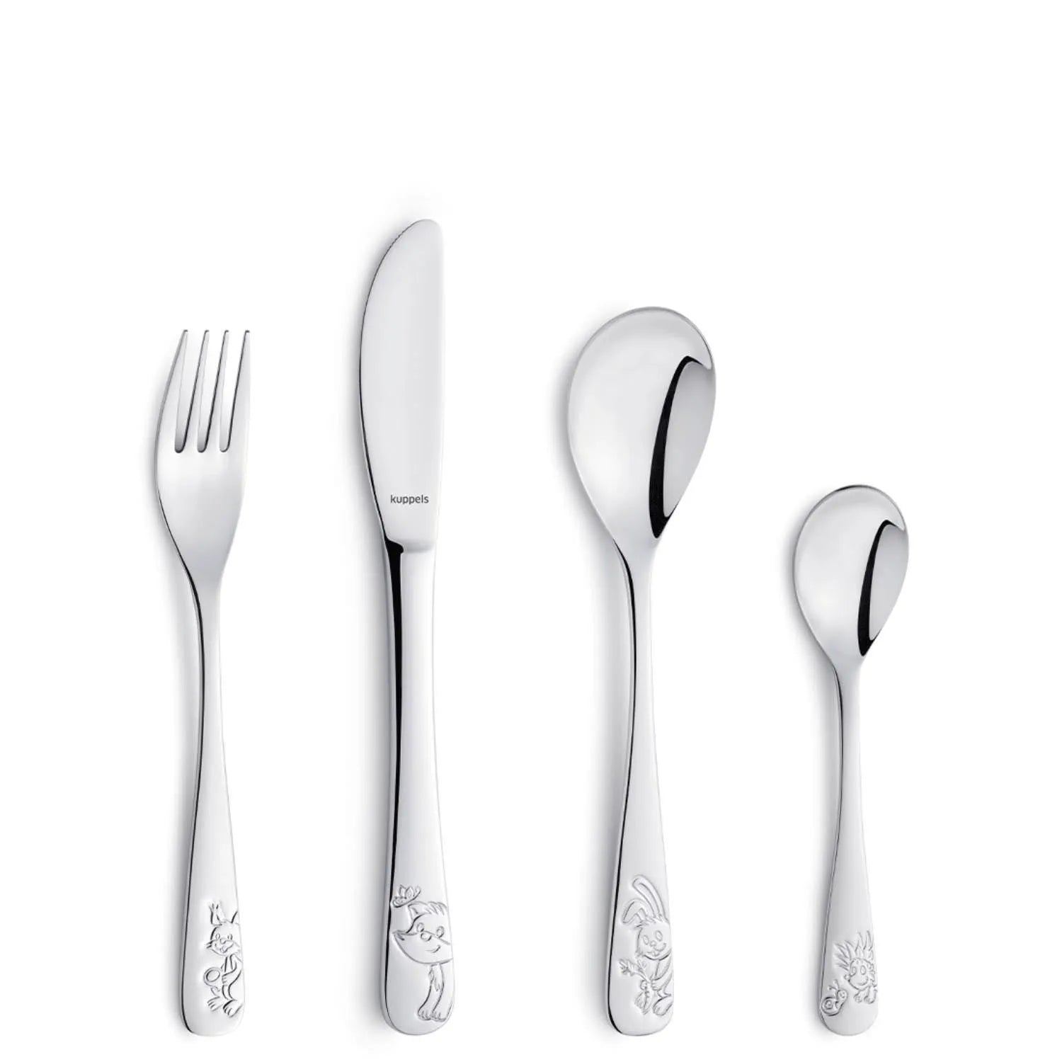 4tlg. Kuppels Kinderbesteck Waldfreunde in Silber präsentiert im Onlineshop von KAQTU Design AG. Besteck ist von Amefa
