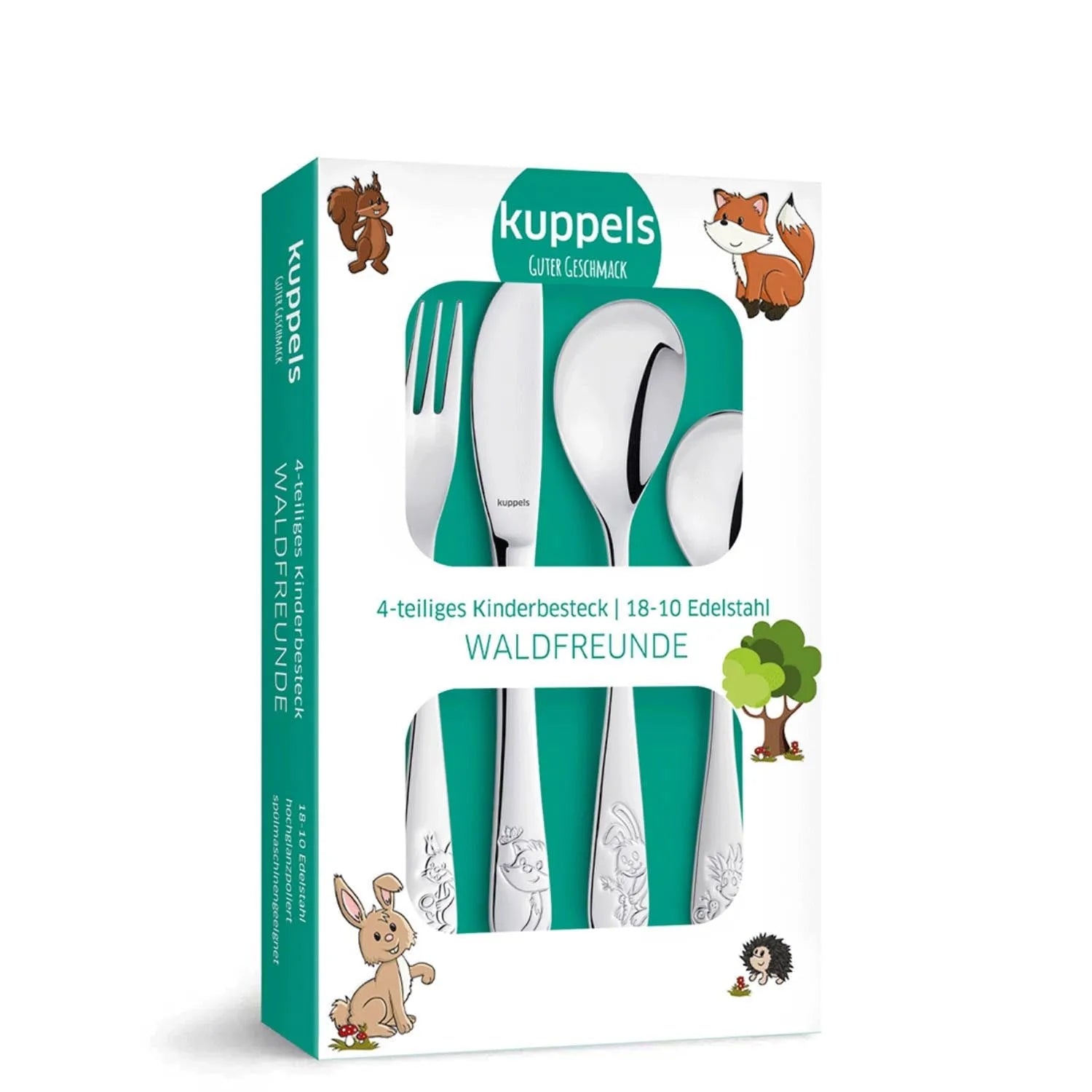 Das 4-teilige Kinderbesteck "Waldfreunde" von Amefa begeistert mit niedlichen Tiermotiven und ist ideal für kleine Hände.