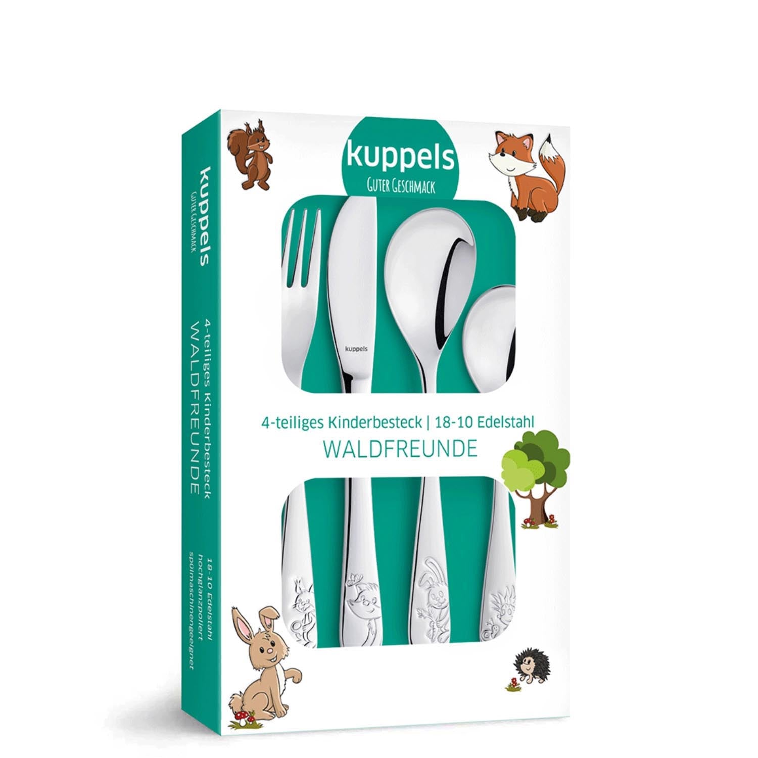 Das 4-teilige Kinderbesteck "Waldfreunde" von Amefa begeistert mit niedlichen Tiermotiven und ist ideal für kleine Hände.