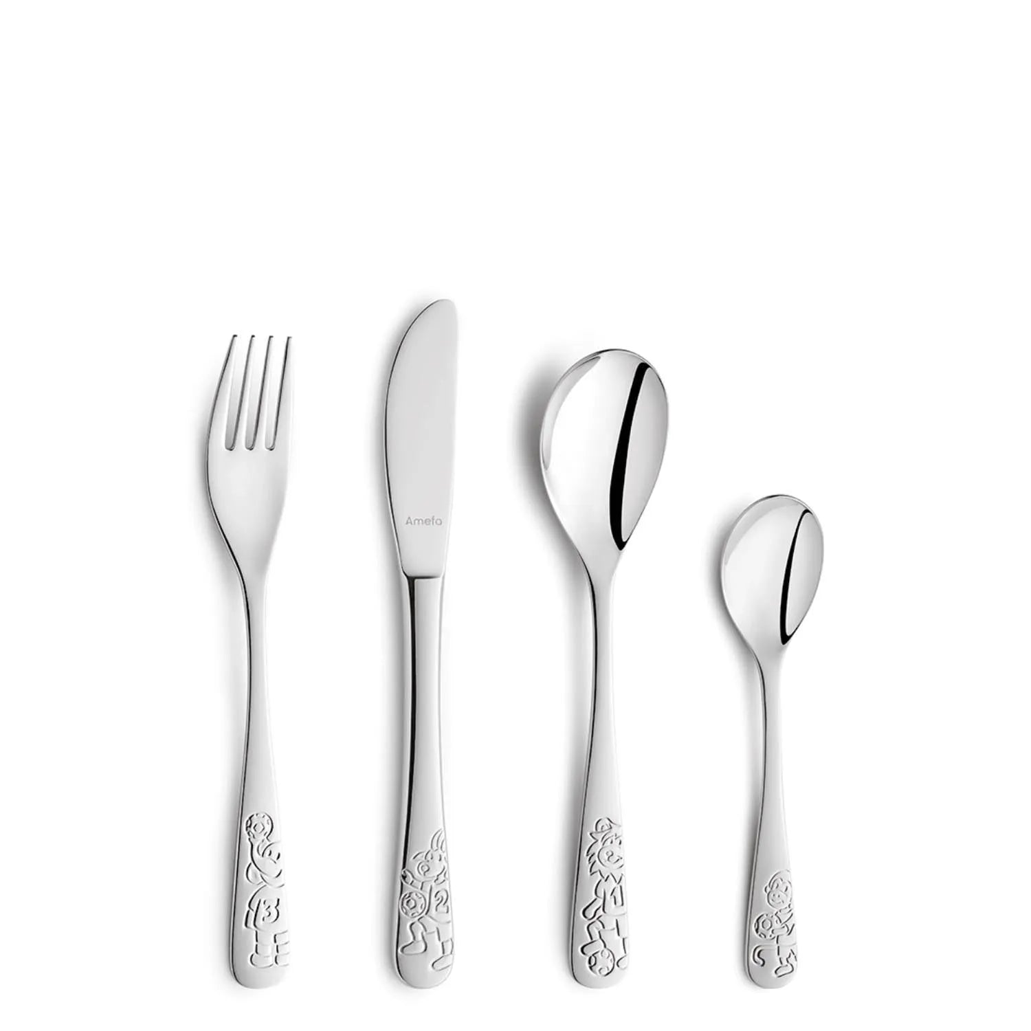 4tlg. Kuppels Kinderbesteck Ballfreunde in Silber präsentiert im Onlineshop von KAQTU Design AG. Besteck ist von Amefa