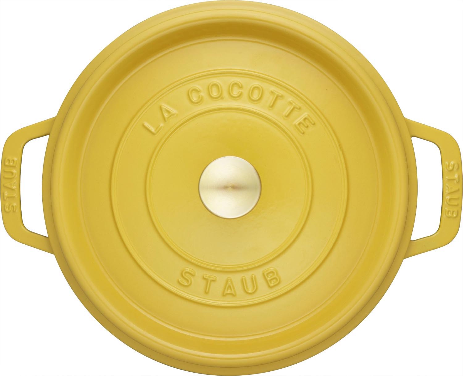 Runde Cocotte aus Gusseisen, 28 cm, 6.7 l, in leuchtendem Citron-Gelb. Perfekt für Schmorgerichte und stilvolles Kochen.