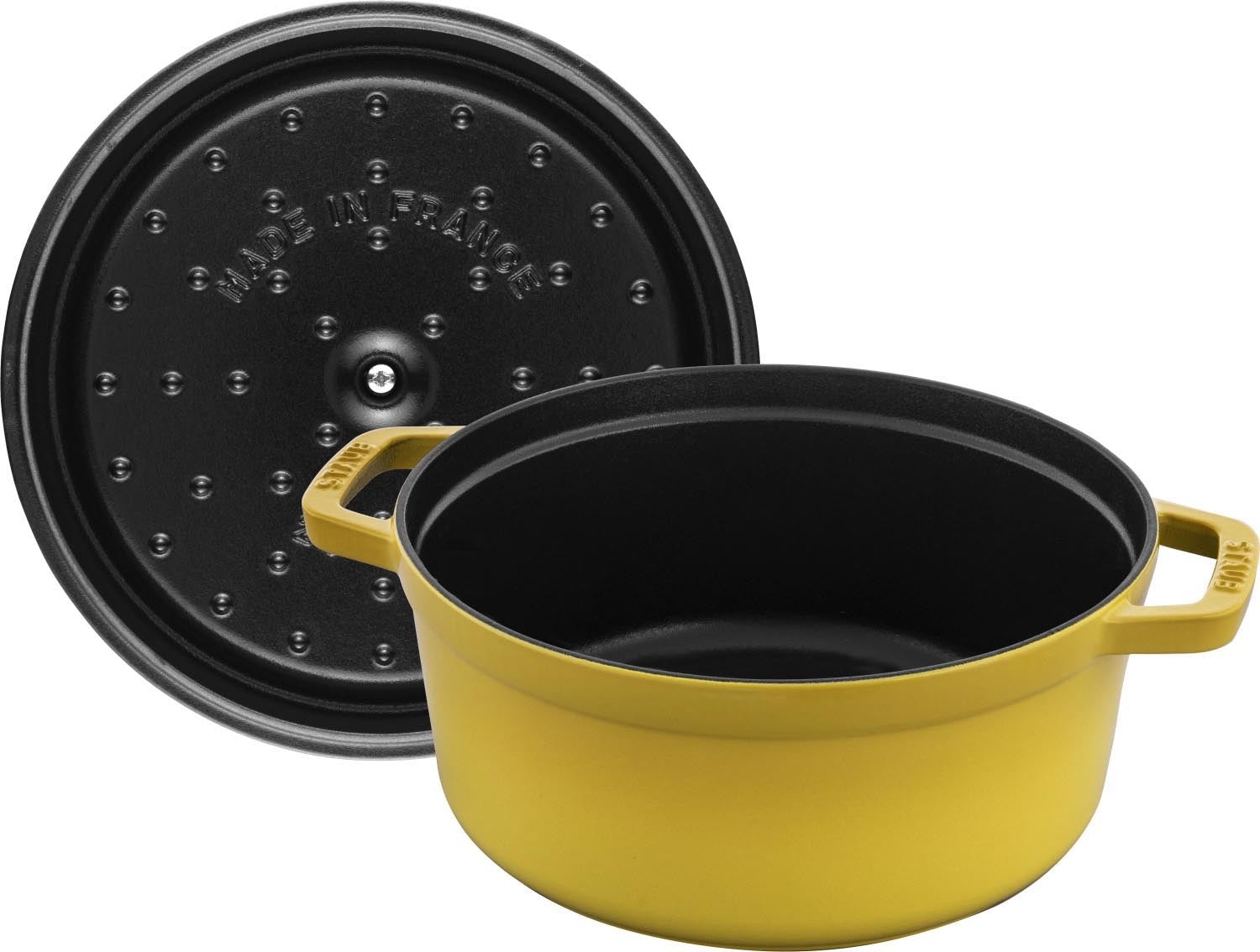 Runde Gusseisen-Cocotte, 28 cm, 6.7 l, in strahlendem Citron-Gelb. Ideal für Schmorgerichte und elegantes Kochen.