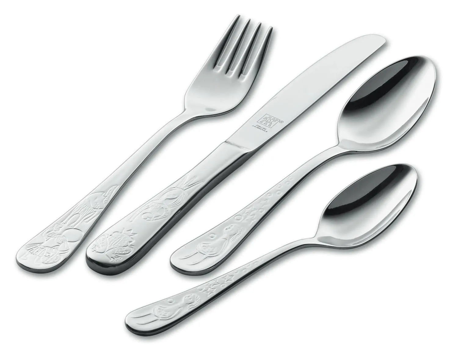 4tlg. Kinderbesteck Grimms Märchen in Silber präsentiert im Onlineshop von KAQTU Design AG. Besteck ist von Zwilling